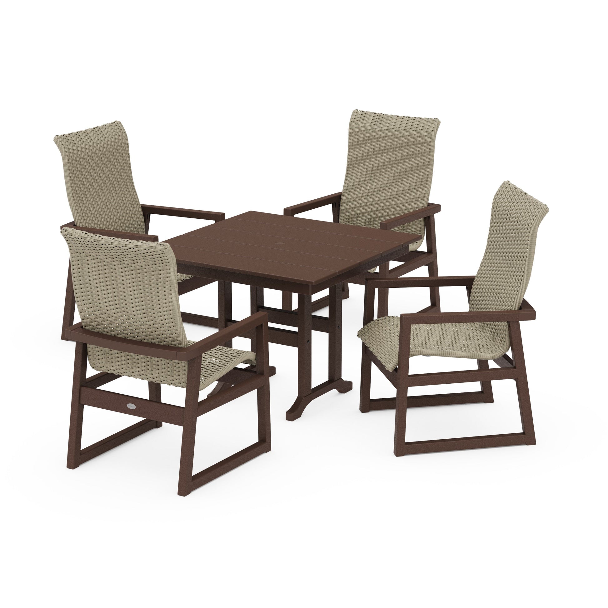 POLYWOOD EDGE Woven Highback 5-Piece Farmhouse Dining Set — Mahogany / Dune Grass