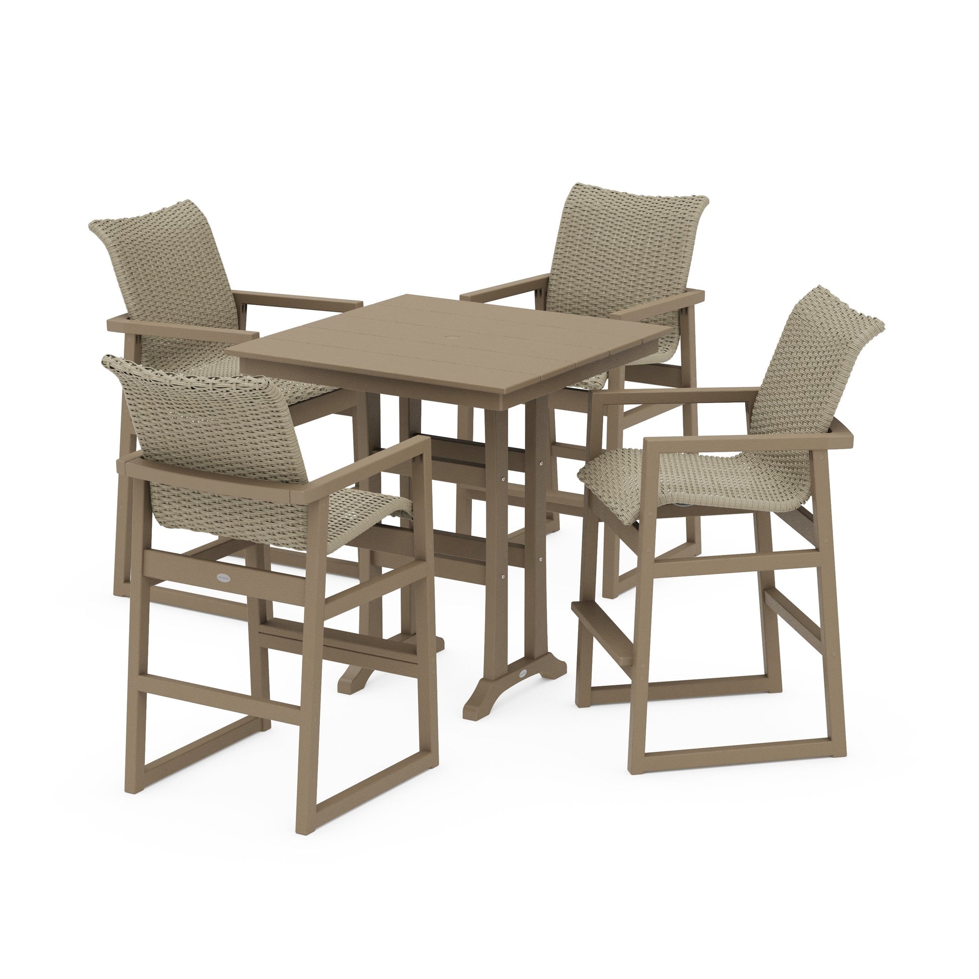 POLYWOOD EDGE Woven 5-Piece Farmhouse Bar Set with Trestle Legs — Vintage Sahara / Dune Grass