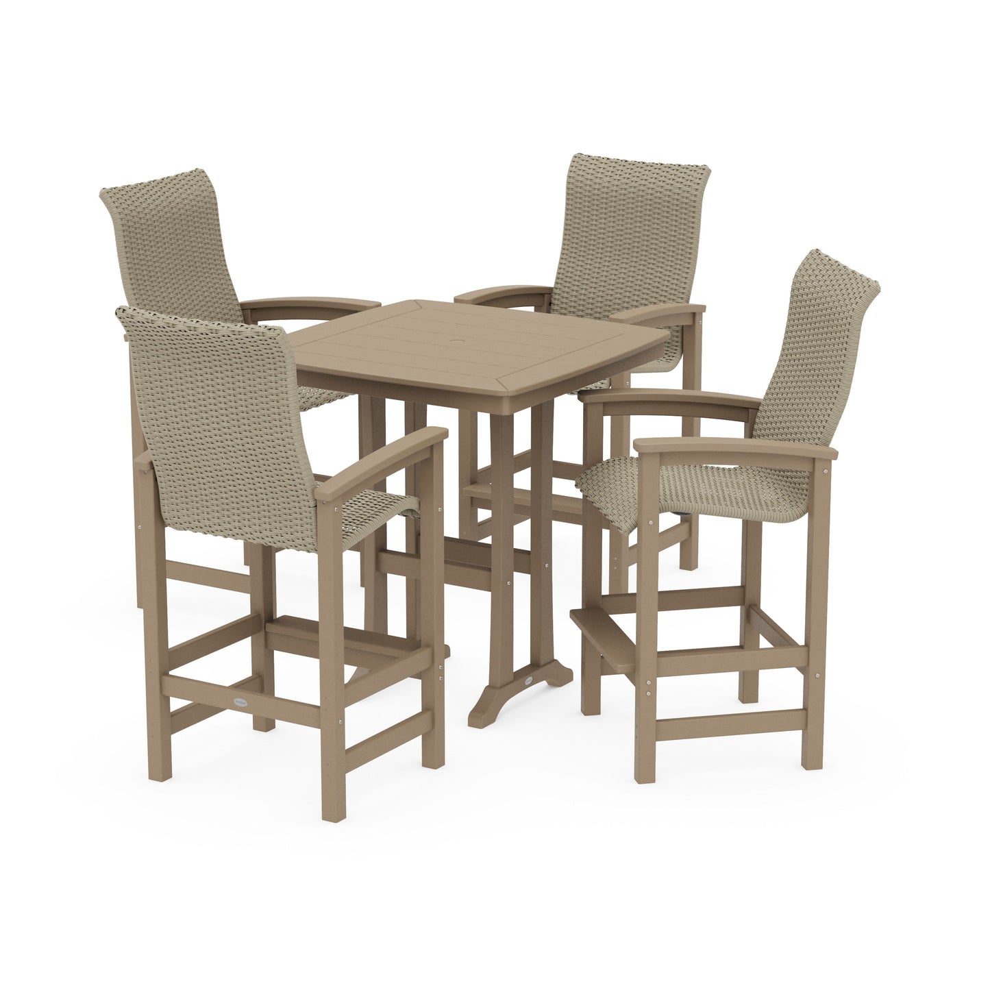 POLYWOOD Coastal Woven High-Back 5-Piece Bar Set with Trestle Legs — Vintage Sahara / Dune Grass