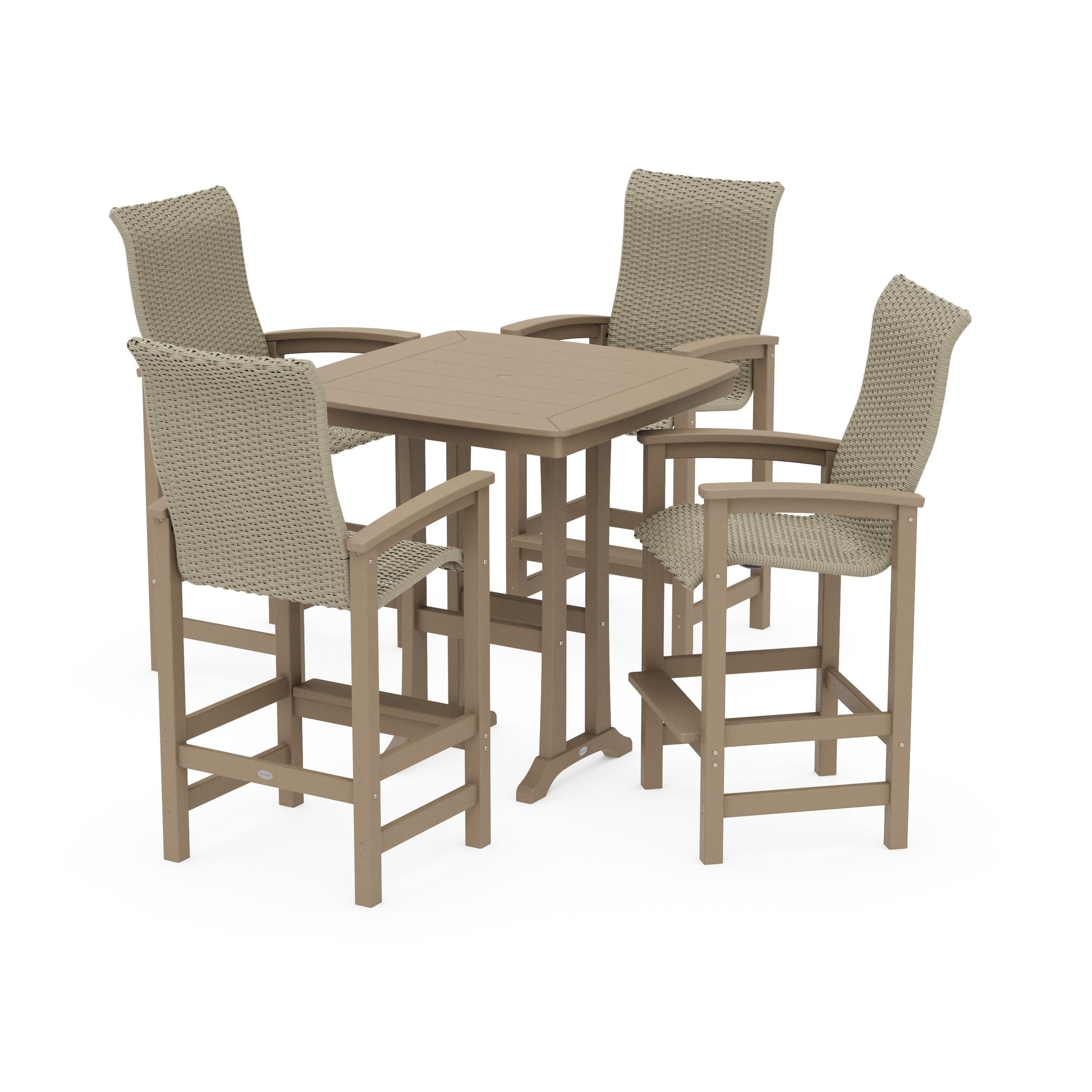 POLYWOOD Coastal Woven High-Back 5-Piece Bar Set with Trestle Legs — Vintage Sahara / Dune Grass