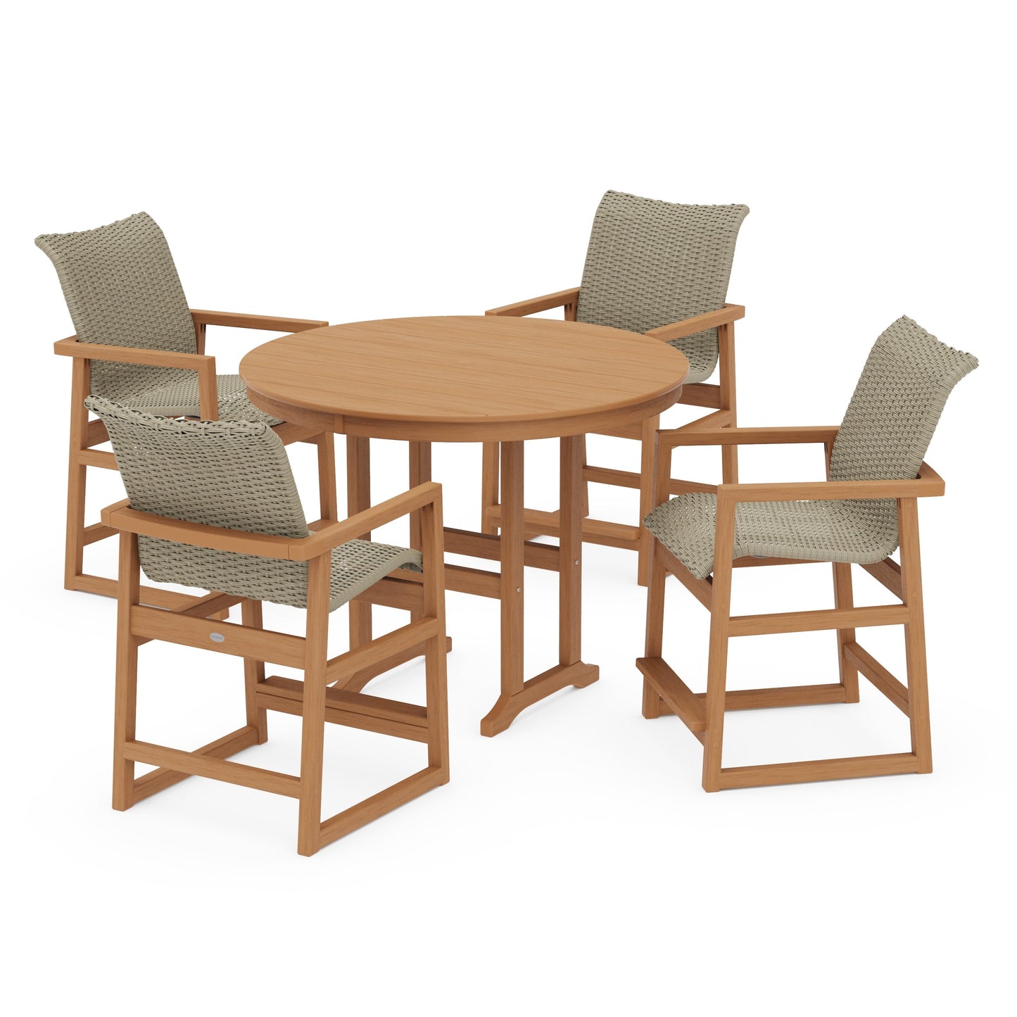POLYWOOD EDGE Woven 5-Piece Round Farmhouse Counter Set — Natural / Dune Grass