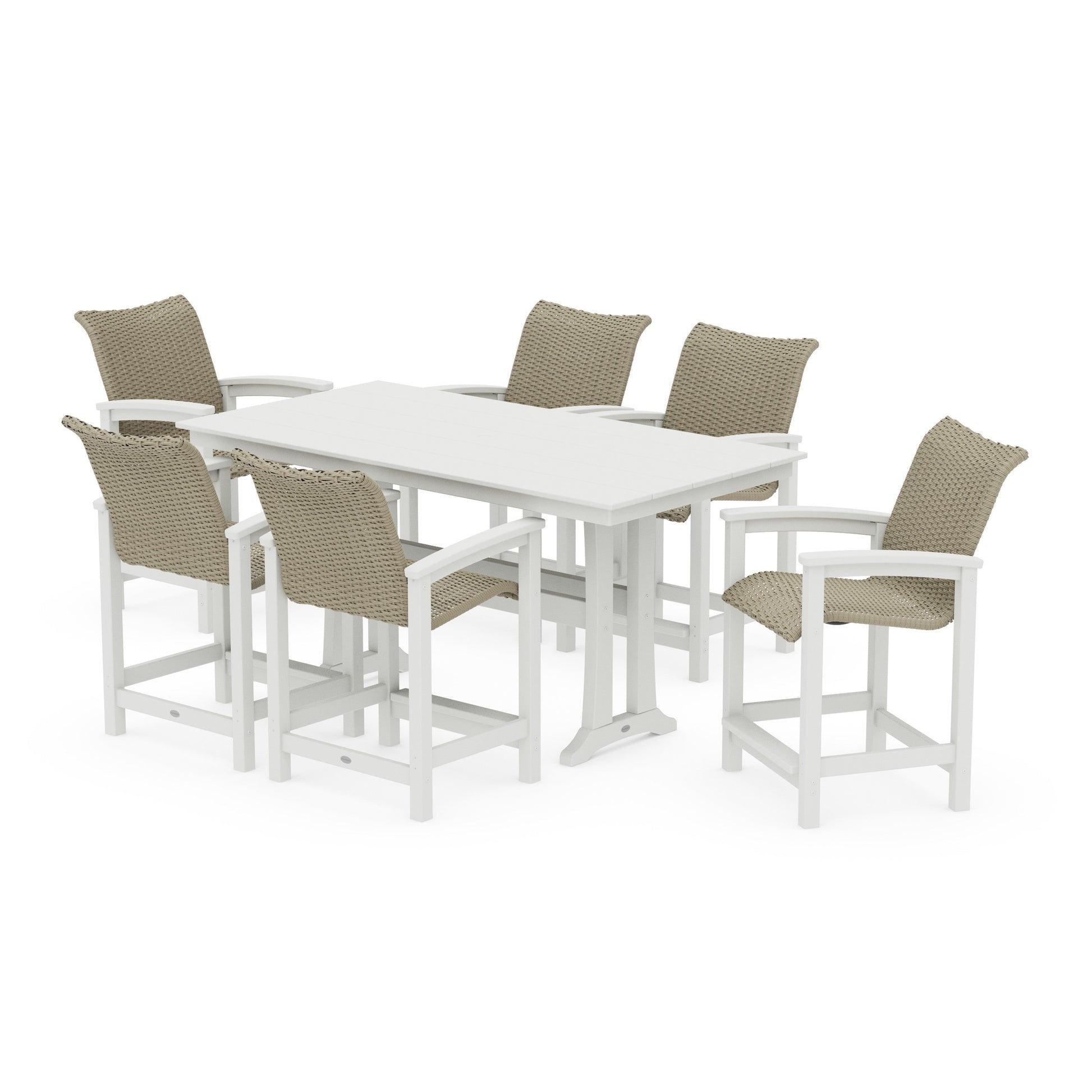 POLYWOOD Coastal Woven Arm Chair 7-Piece Farmhouse Counter Set with Trestle Legs — Vintage White / Dune Grass
