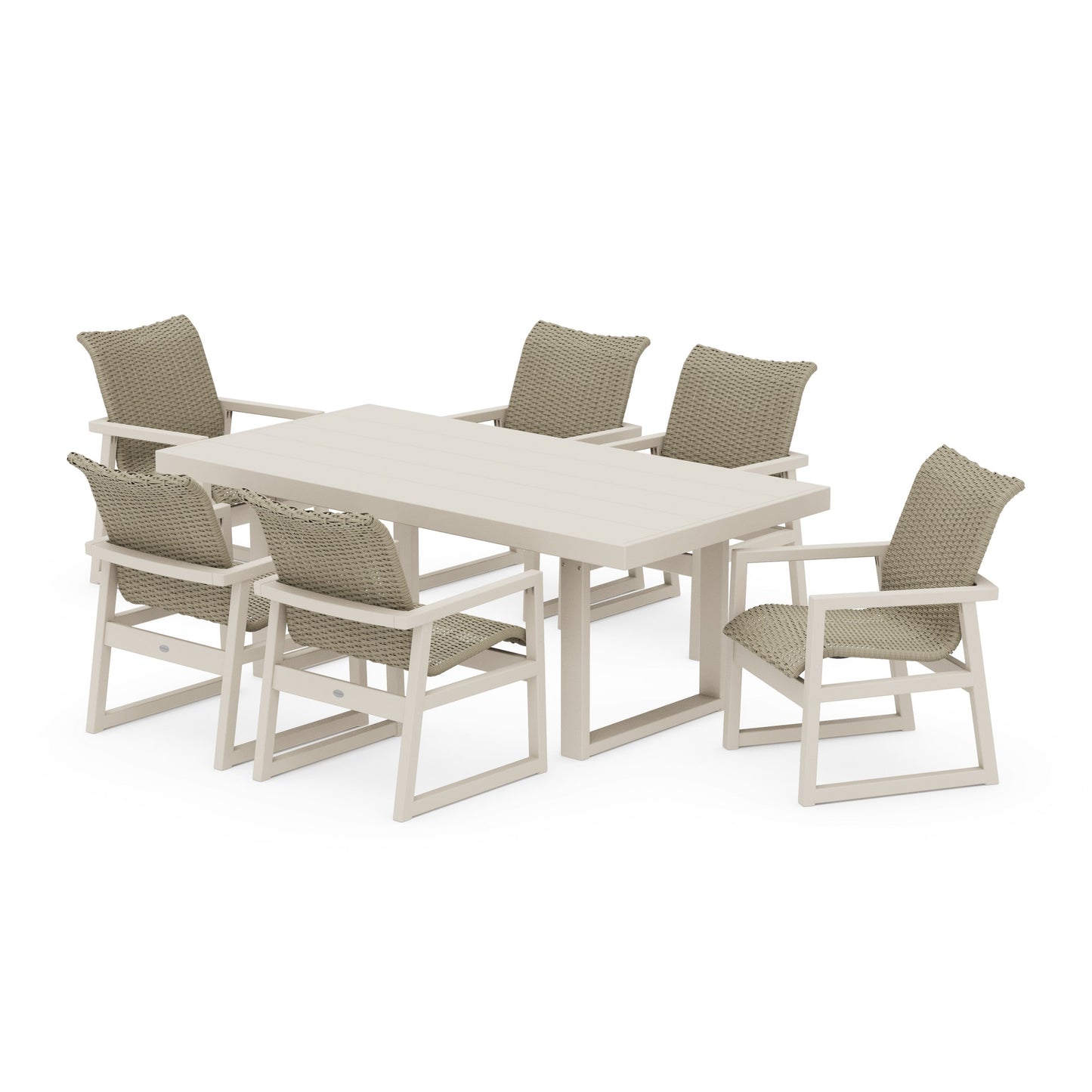 POLYWOOD EDGE Woven Arm Chair 7-Piece Dining Set — Sand / Dune Grass