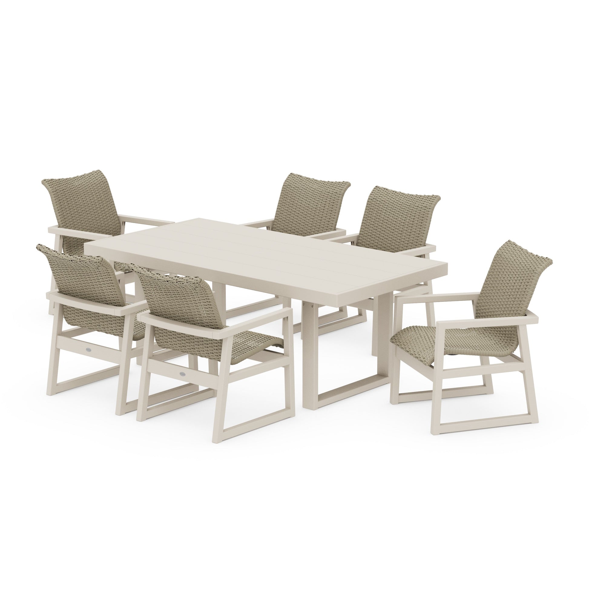 POLYWOOD EDGE Woven Arm Chair 7-Piece Dining Set — Sand / Dune Grass