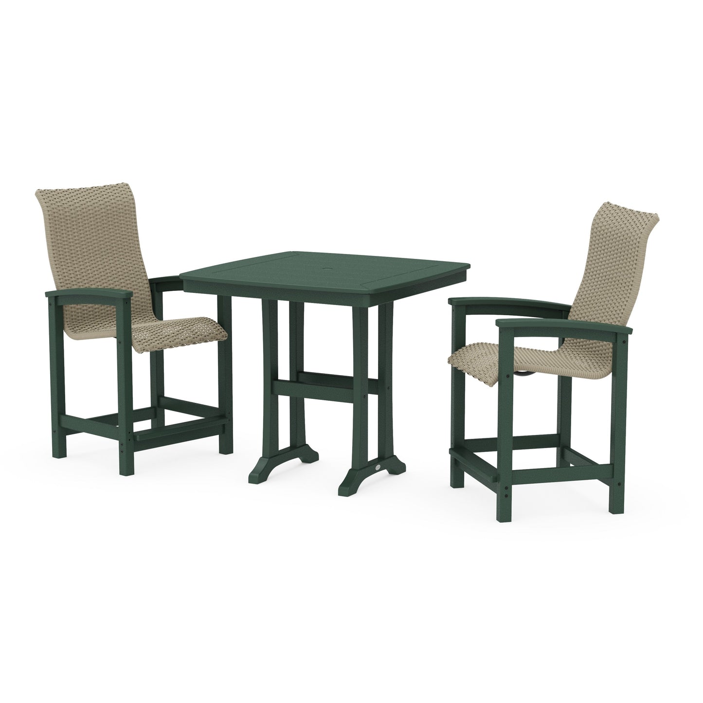 POLYWOOD Coastal Woven High-Back 3-Piece Counter Set with Trestle Legs — Green / Dune Grass
