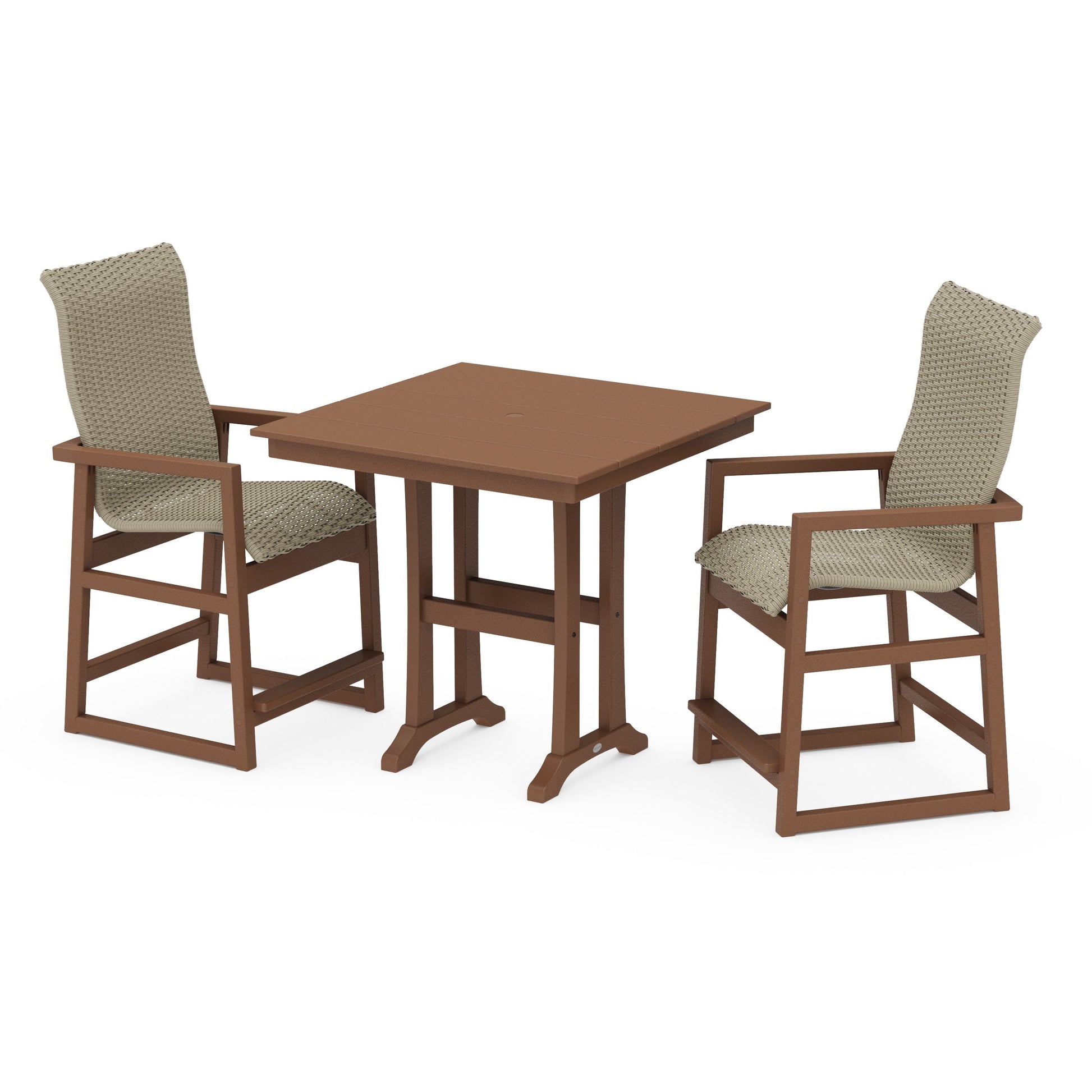 POLYWOOD EDGE Woven Highback 3-Piece Farmhouse Counter Set with Trestle Legs — Teak / Dune Grass