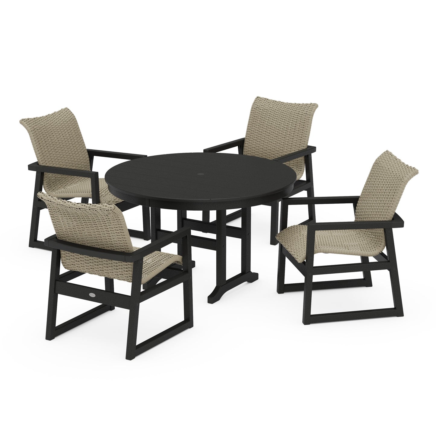 POLYWOOD EDGE Woven 5-Piece Round Farmhouse Dining Set — Black / Dune Grass