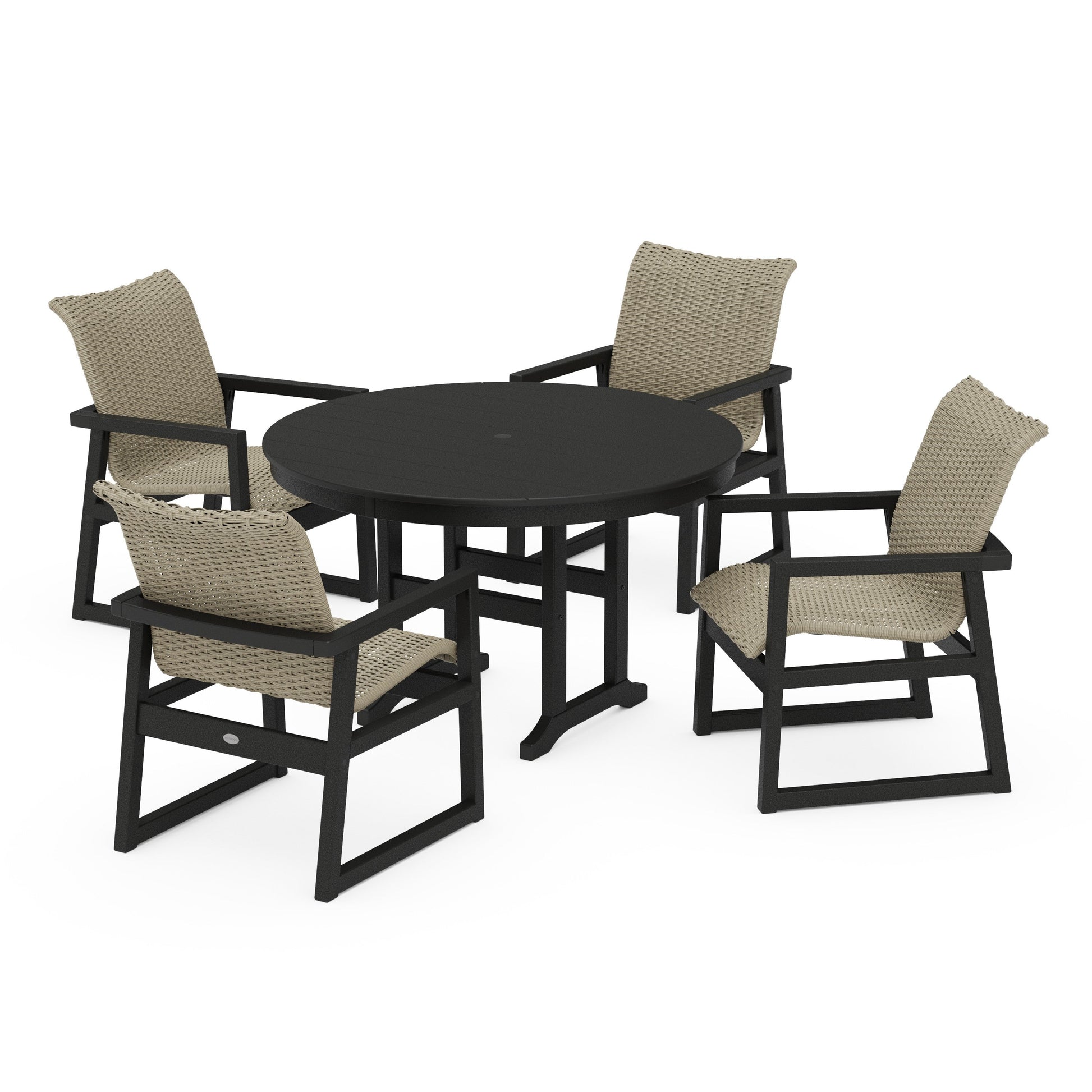 POLYWOOD EDGE Woven 5-Piece Round Farmhouse Dining Set — Black / Dune Grass