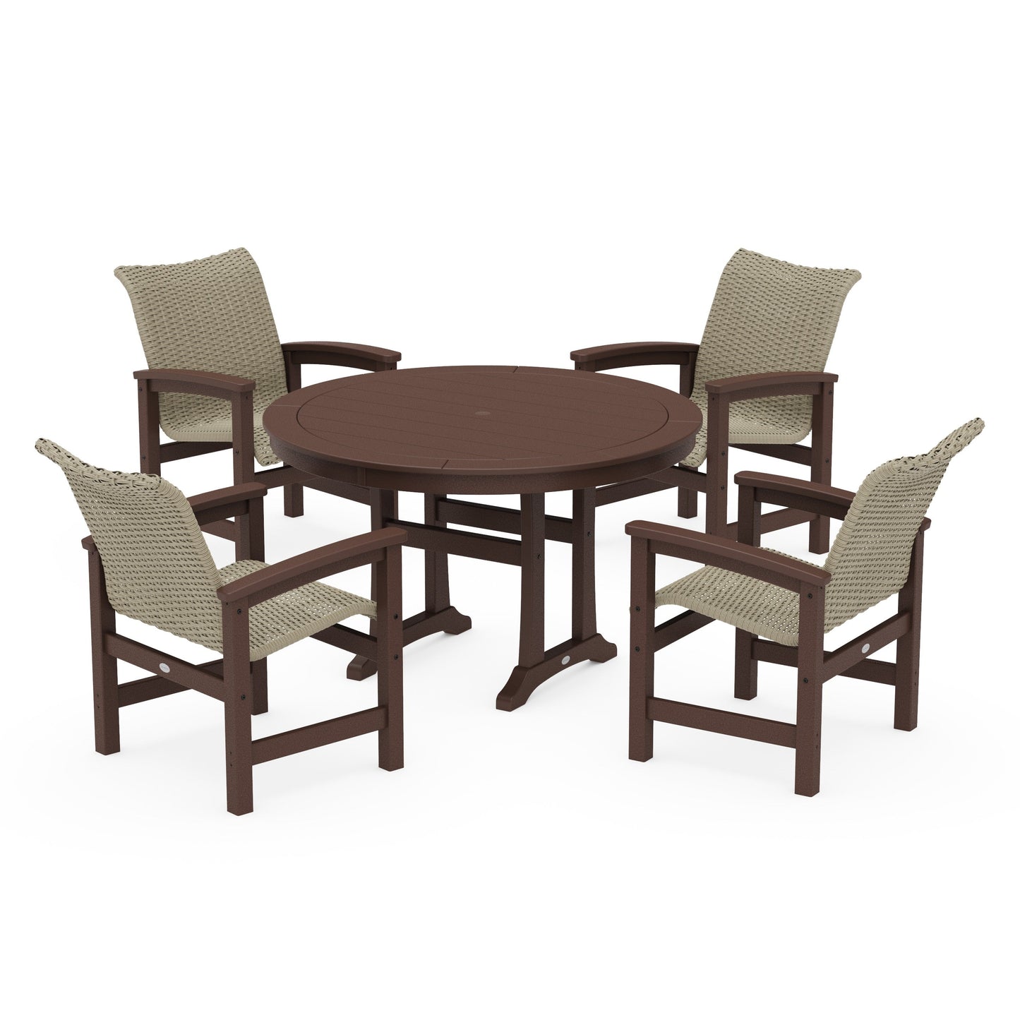 POLYWOOD Coastal Woven 5-Piece Round Dining Set with Trestle Legs — Mahogany / Dune Grass