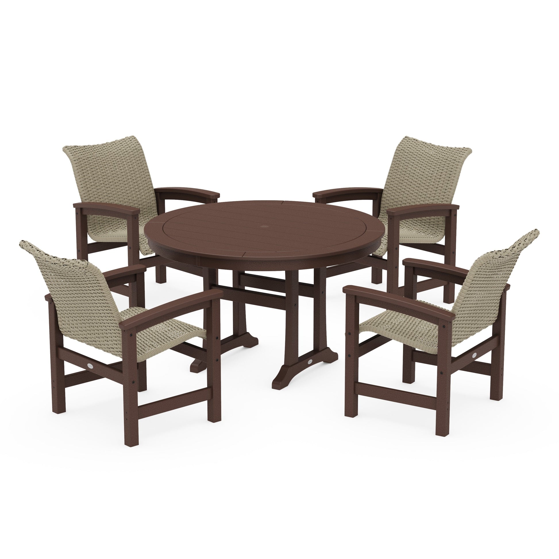POLYWOOD Coastal Woven 5-Piece Round Dining Set with Trestle Legs — Mahogany / Dune Grass