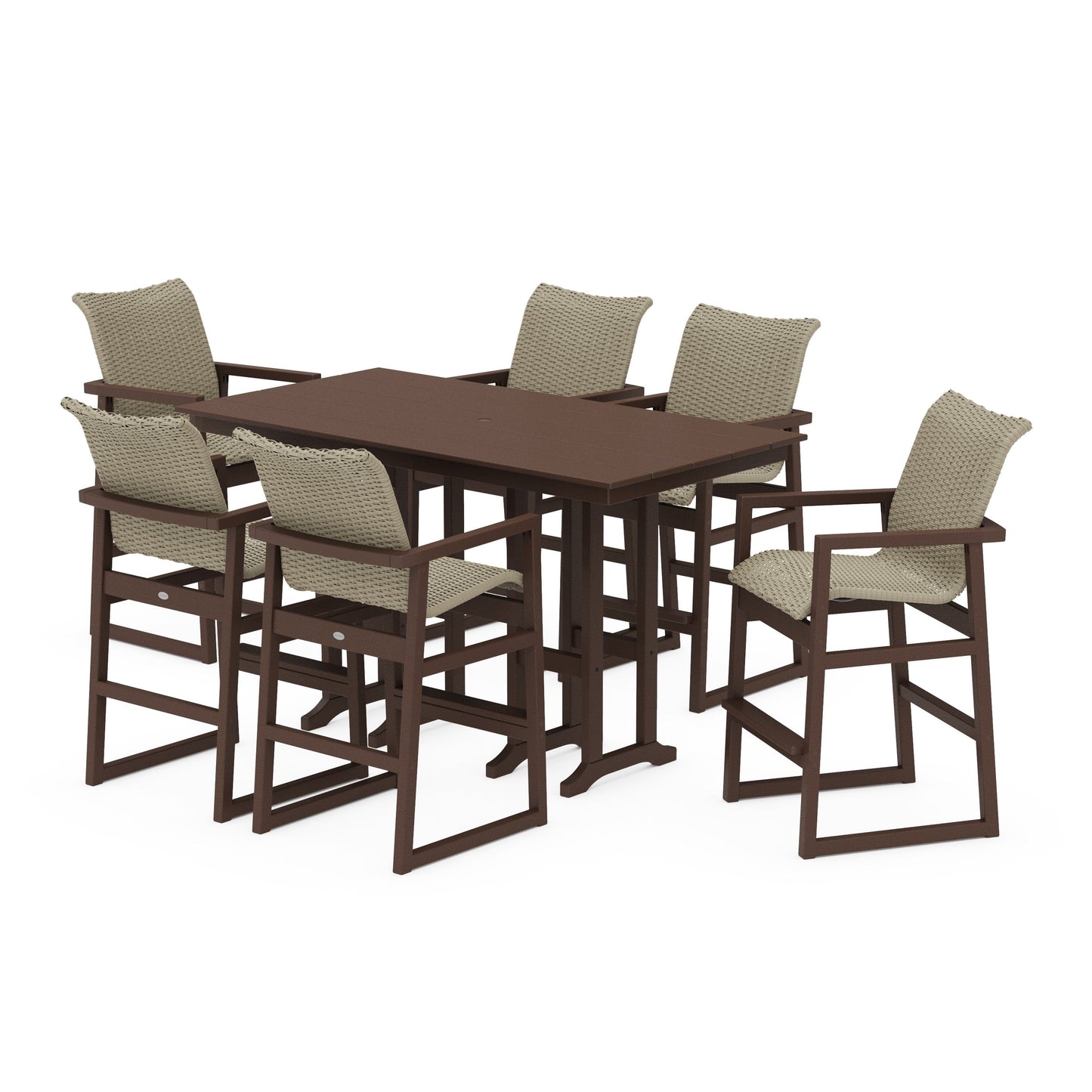 POLYWOOD EDGE Woven Arm Chair 7-Piece Farmhouse Bar Set — Mahogany / Dune Grass