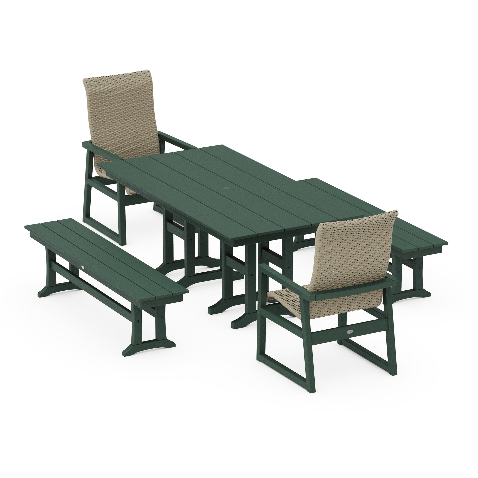 POLYWOOD EDGE Woven Highback 5-Piece Farmhouse Dining Set with Benches — Green / Dune Grass