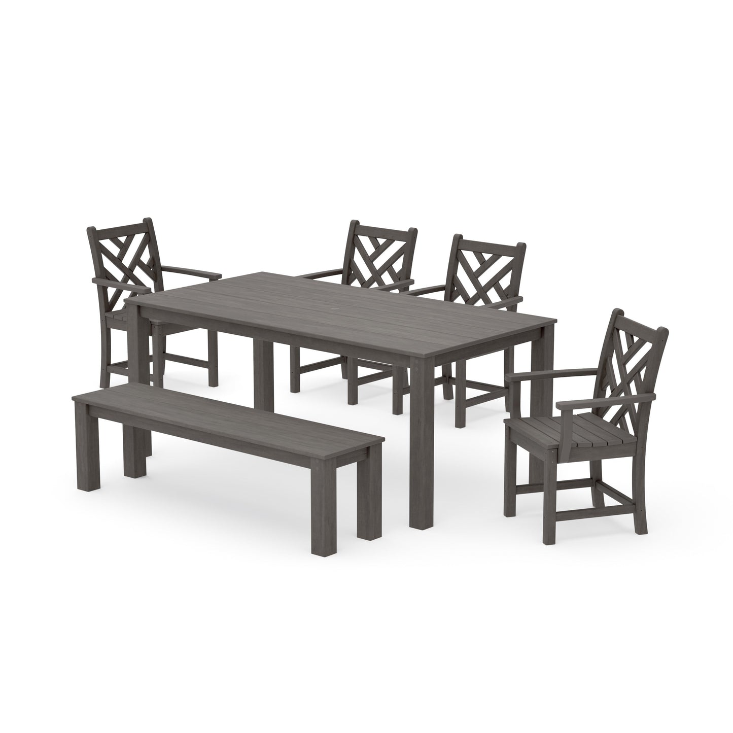POLYWOOD Chippendale 6-Piece Parsons Dining Set with Bench — Driftwood