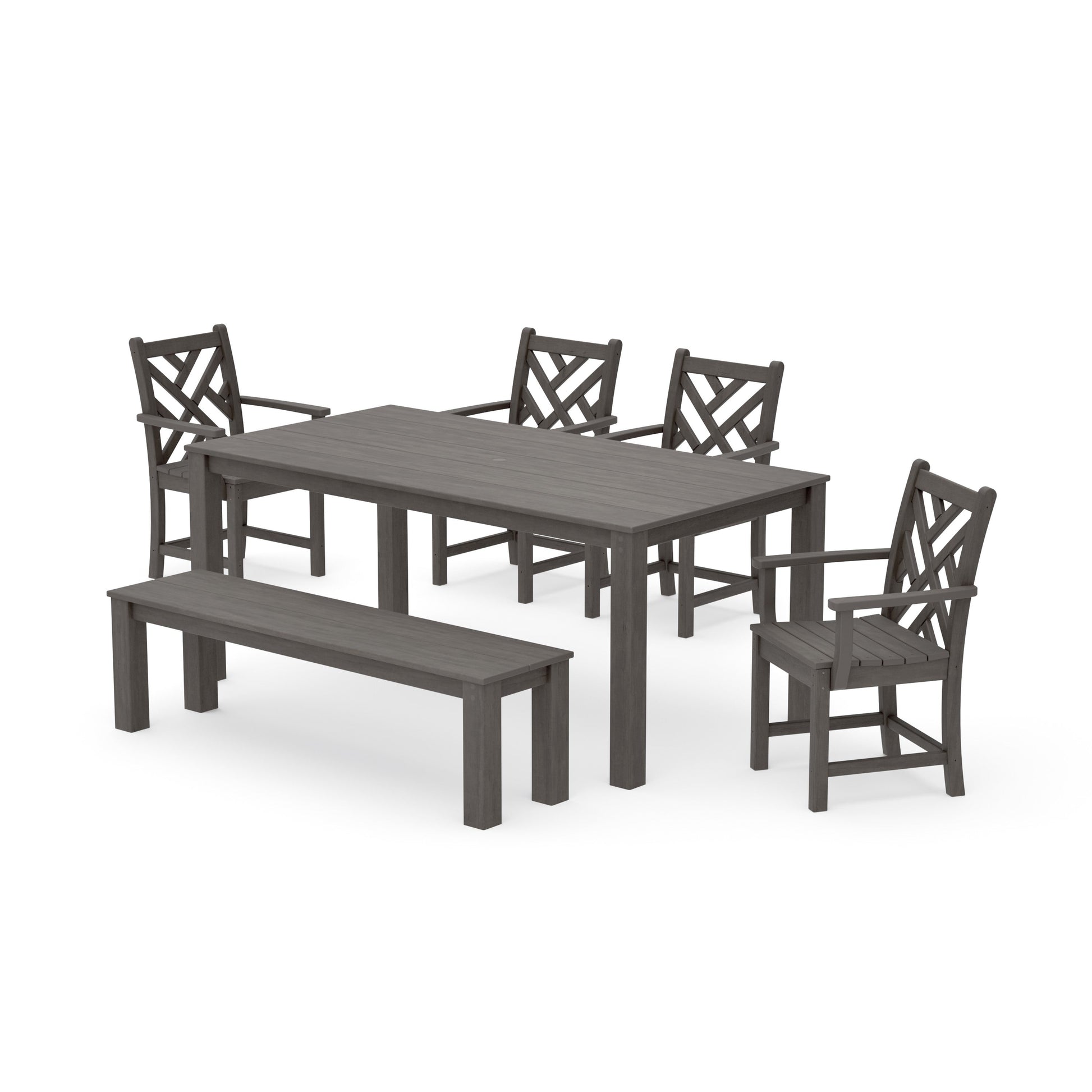 POLYWOOD Chippendale 6-Piece Parsons Dining Set with Bench — Driftwood