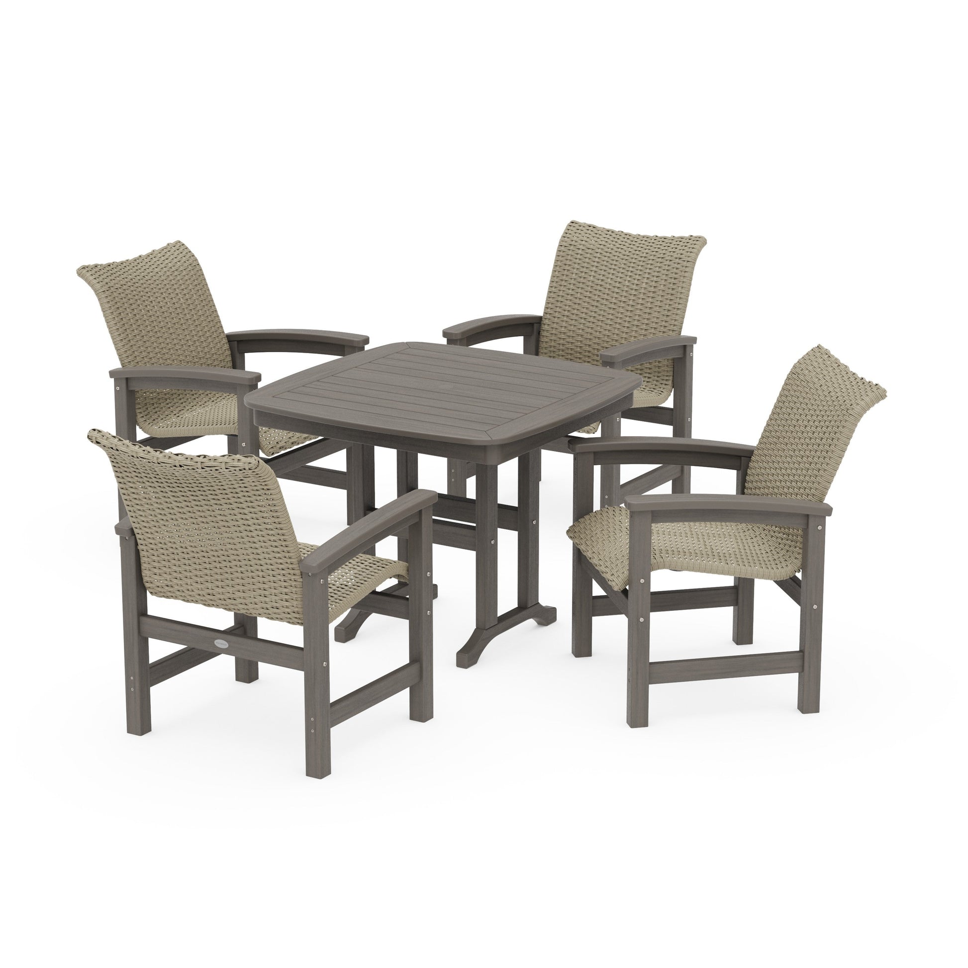 POLYWOOD Coastal Woven 5-Piece Dining Set — Driftwood / Dune Grass