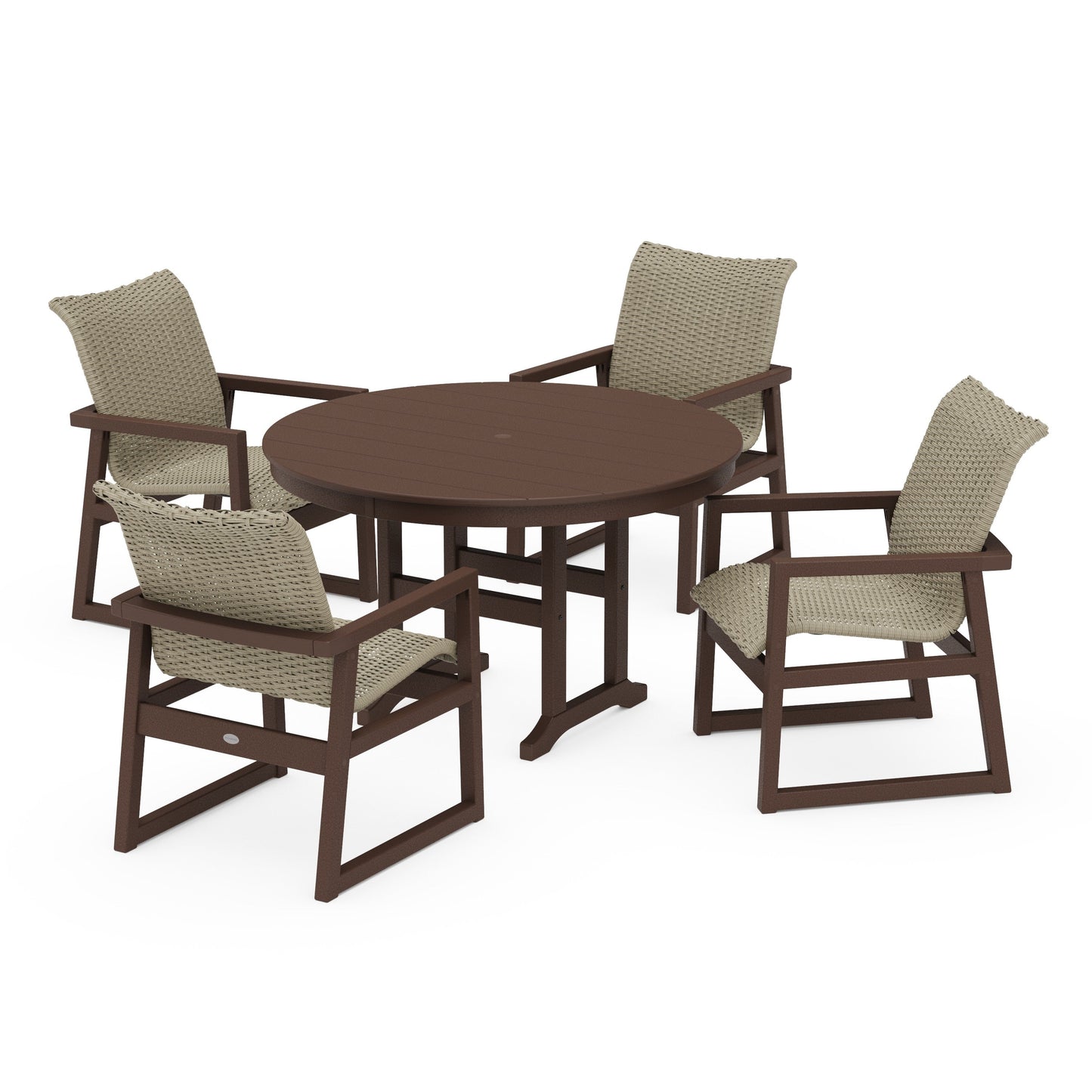 POLYWOOD EDGE Woven 5-Piece Round Farmhouse Dining Set — Mahogany / Dune Grass