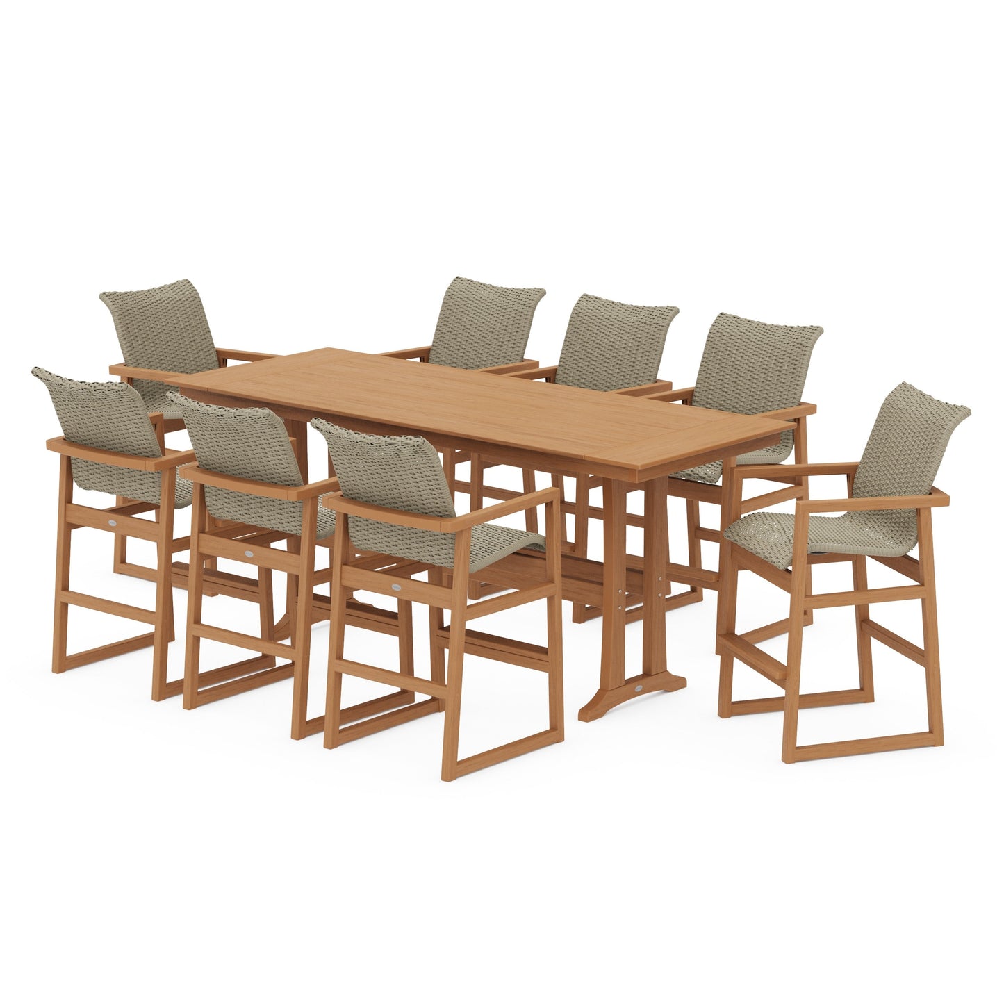 POLYWOOD EDGE Woven 9-Piece Farmhouse Bar Set with Trestle Legs — Natural / Dune Grass