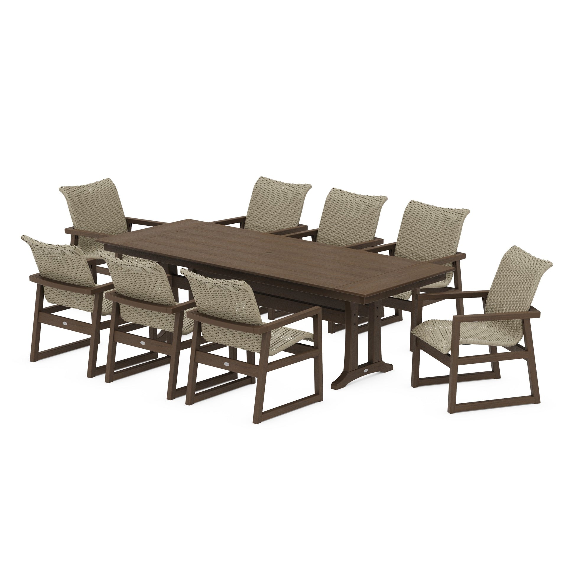 POLYWOOD EDGE Woven 9-Piece Farmhouse Dining Set with Trestle Legs — Kona / Dune Grass
