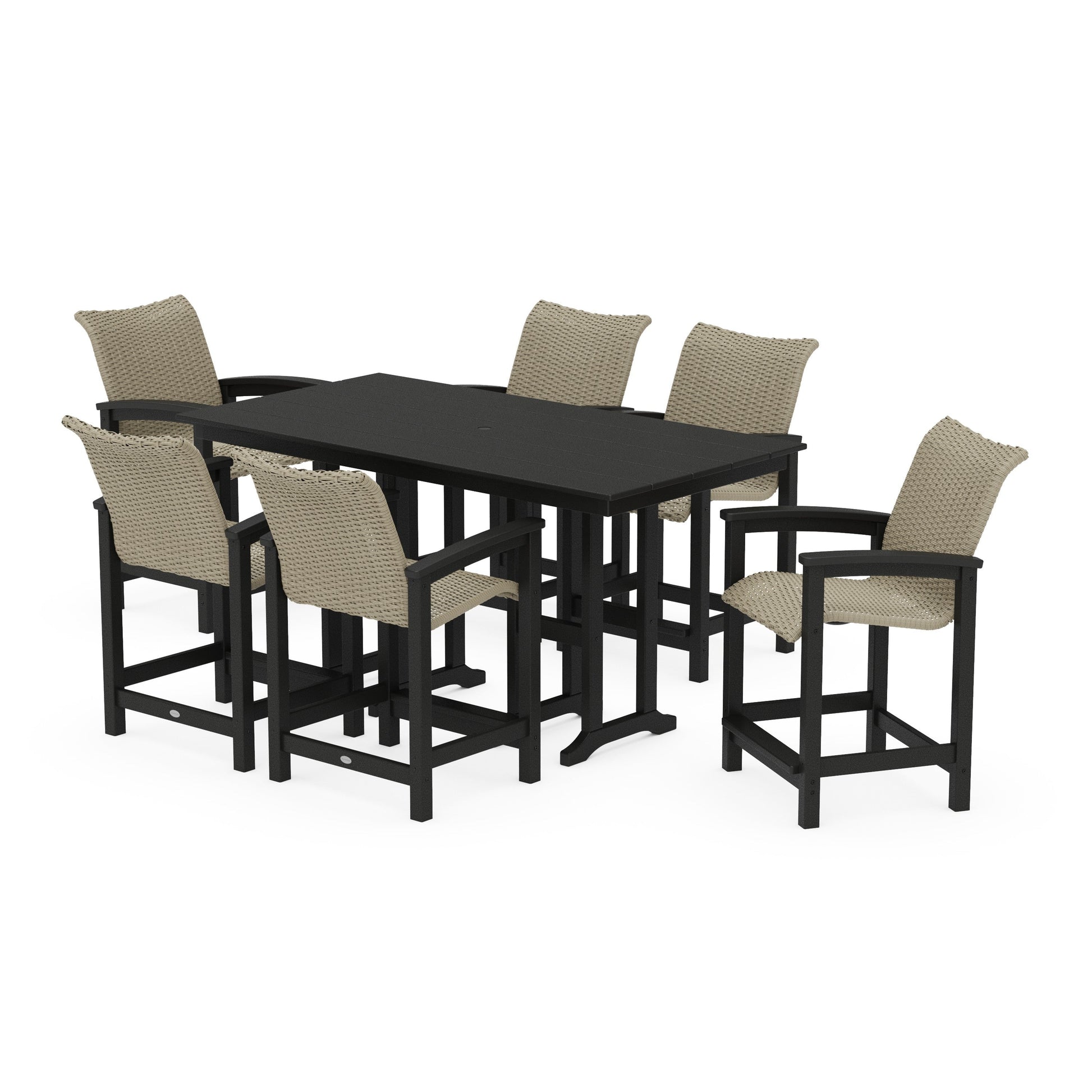 POLYWOOD Coastal Woven Arm Chair 7-Piece Farmhouse Counter Set — Black / Dune Grass