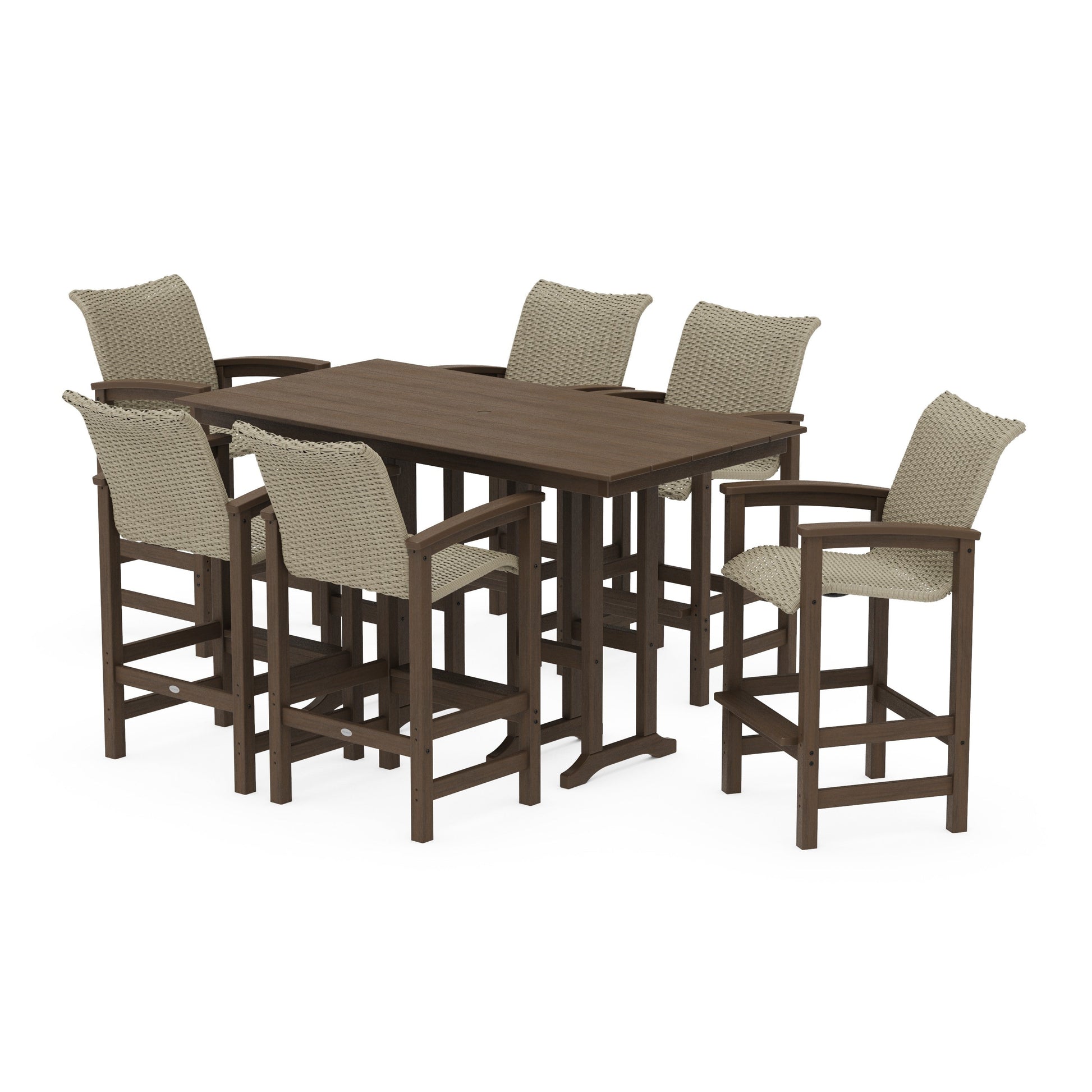 POLYWOOD Coastal Woven Arm Chair 7-Piece Farmhouse Bar Set — Kona / Dune Grass
