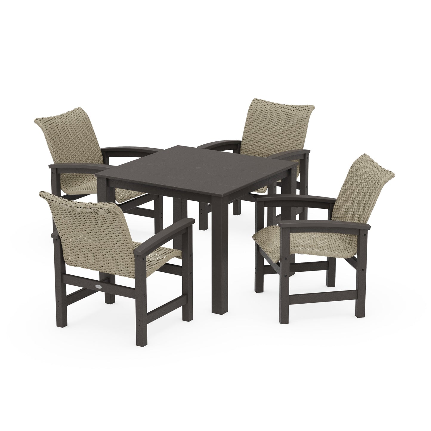 POLYWOOD Coastal Woven 5-Piece Parsons Dining Set — Vintage Coffee / Dune Grass