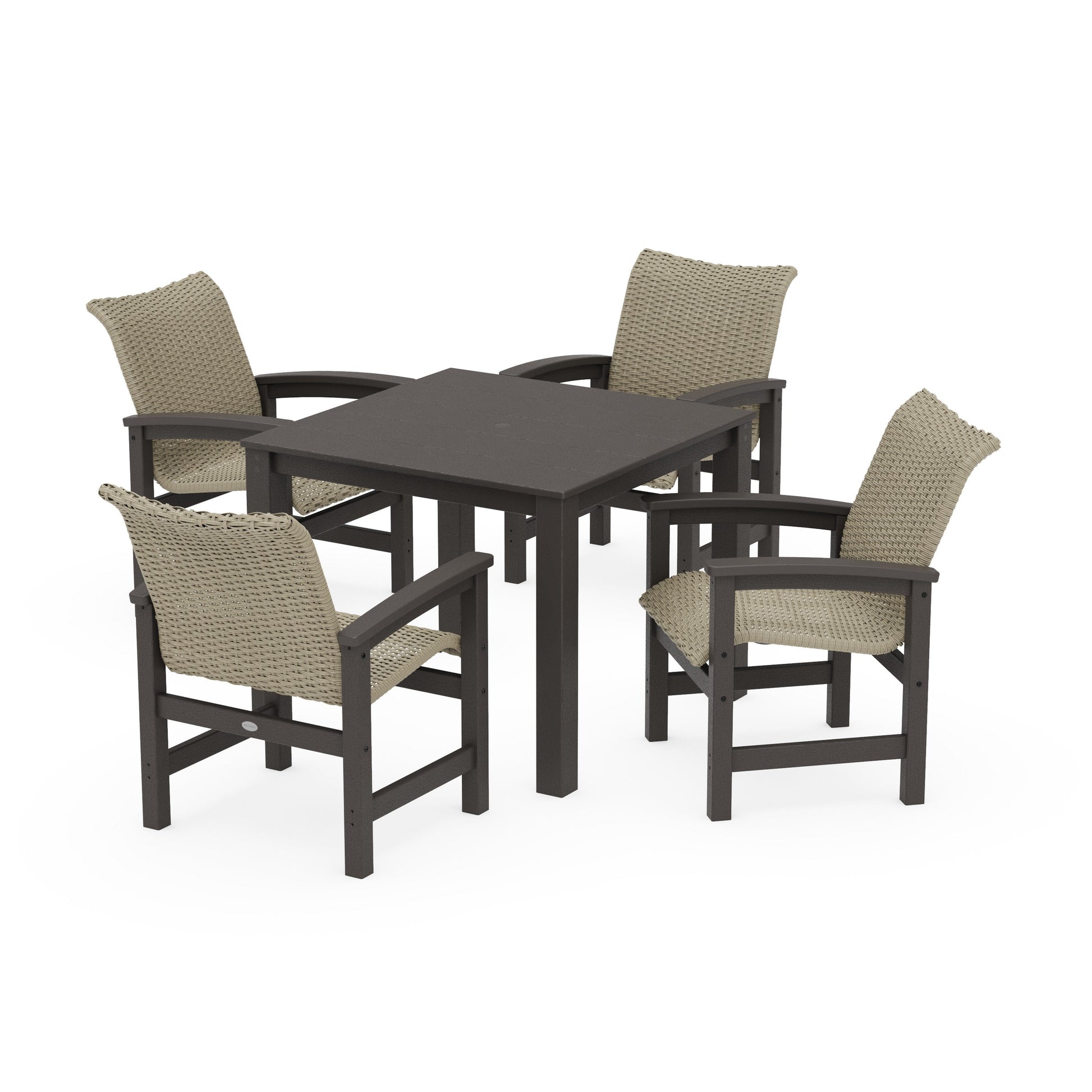 POLYWOOD Coastal Woven 5-Piece Parsons Dining Set — Vintage Coffee / Dune Grass