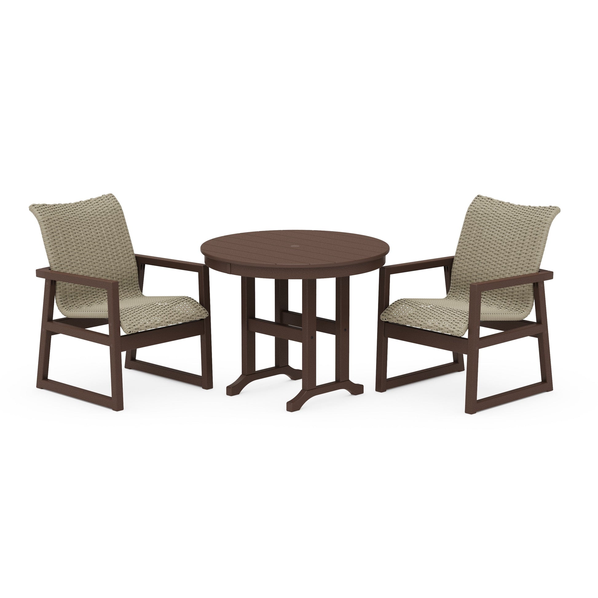POLYWOOD EDGE Woven 3-Piece Farmhouse Dining Set — Mahogany / Dune Grass