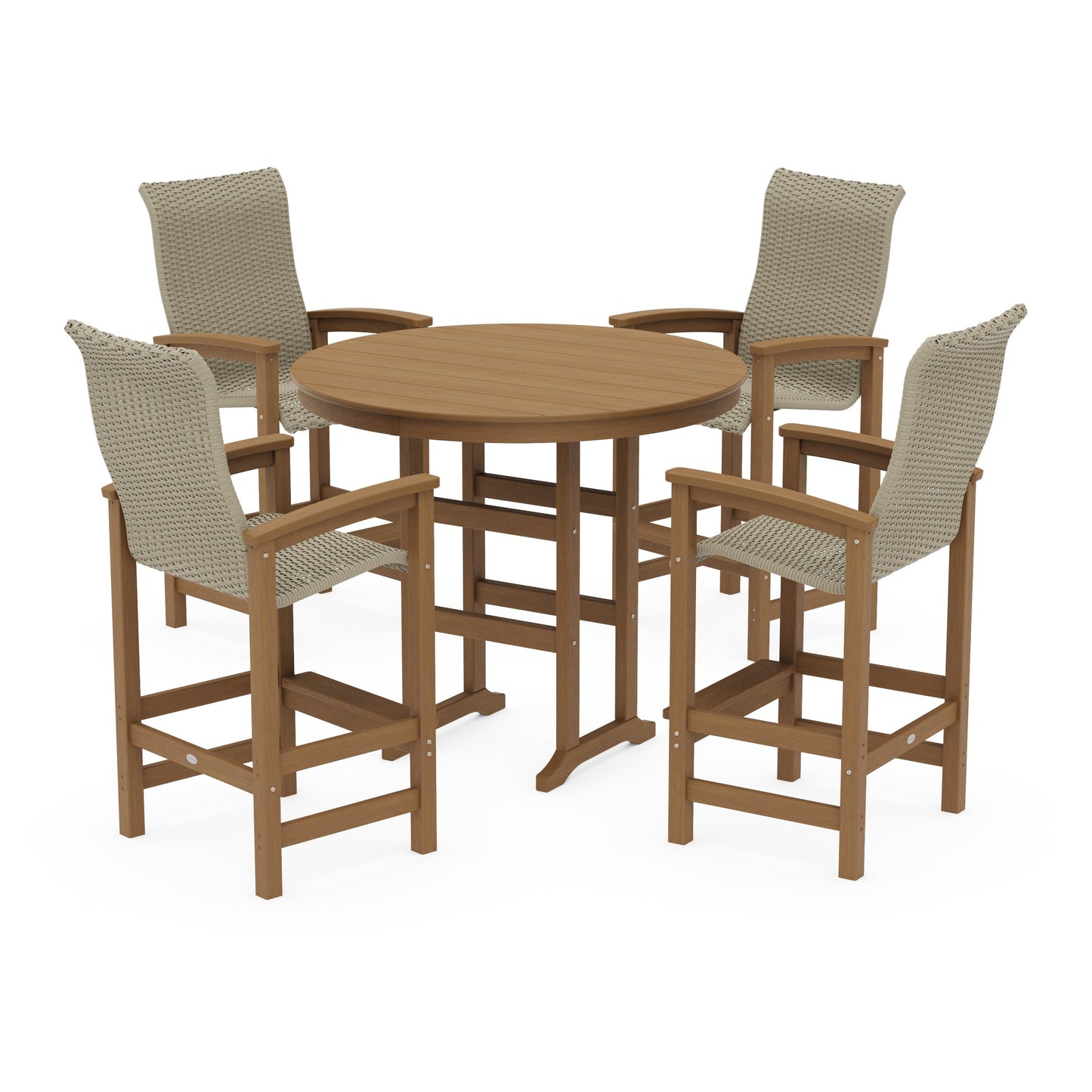 POLYWOOD Coastal Woven High-Back 5-Piece Round Farmhouse Bar Set — Natural / Dune Grass