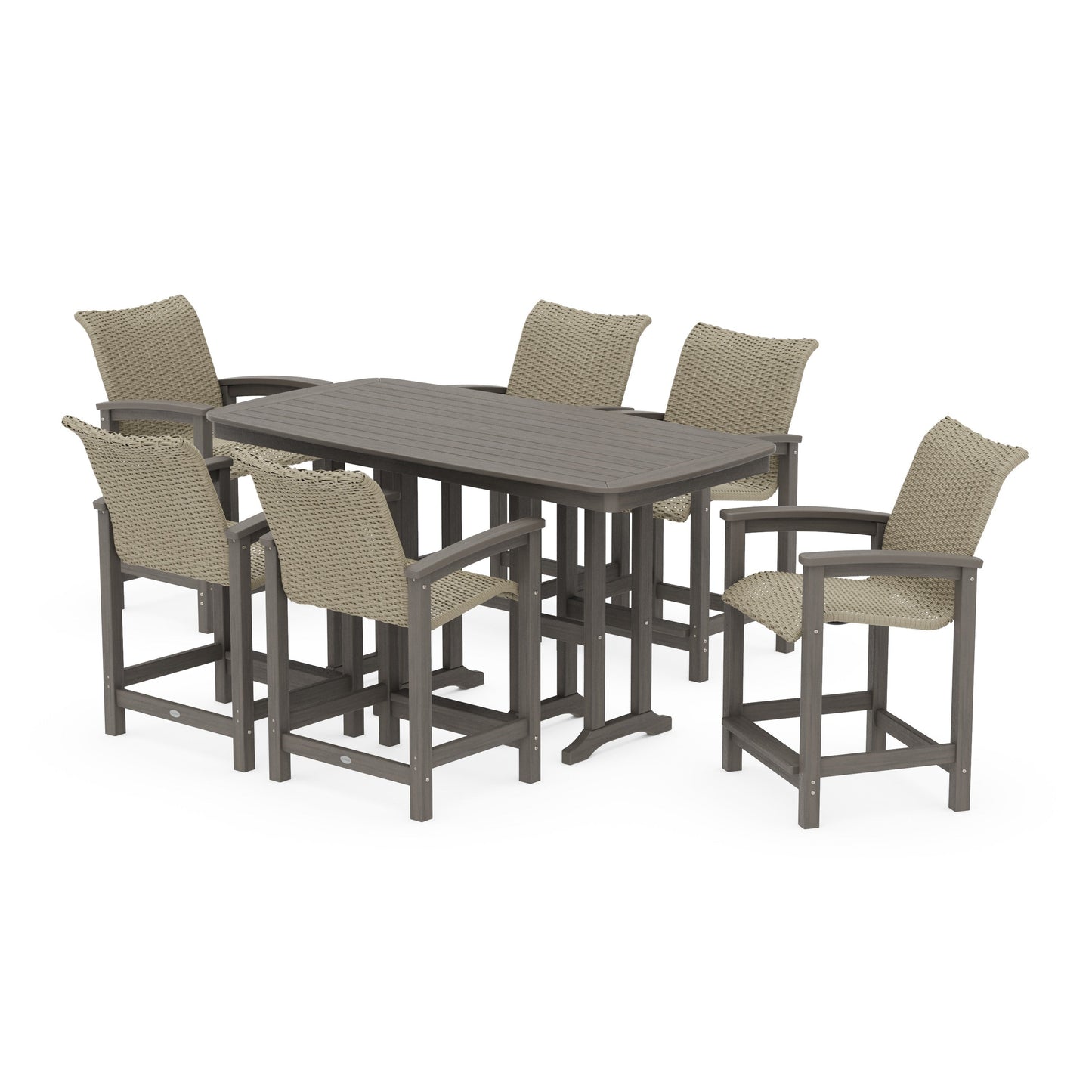 POLYWOOD Coastal Woven Arm Chair 7-Piece Counter Set — Driftwood / Dune Grass