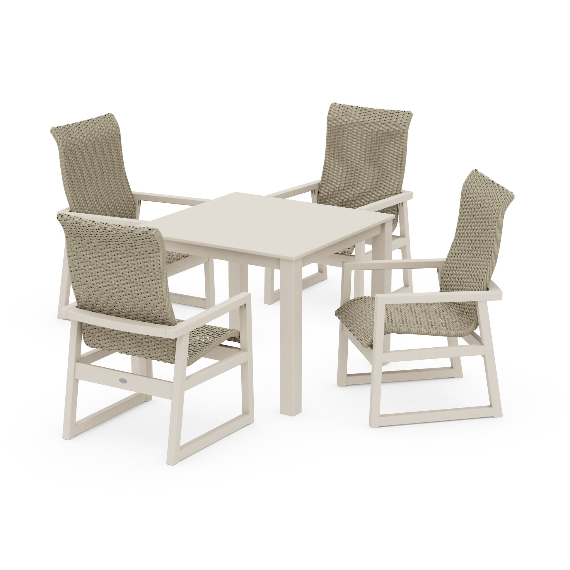 POLYWOOD EDGE Woven Highback 5-Piece Parsons Dining Set — Sand / Dune Grass