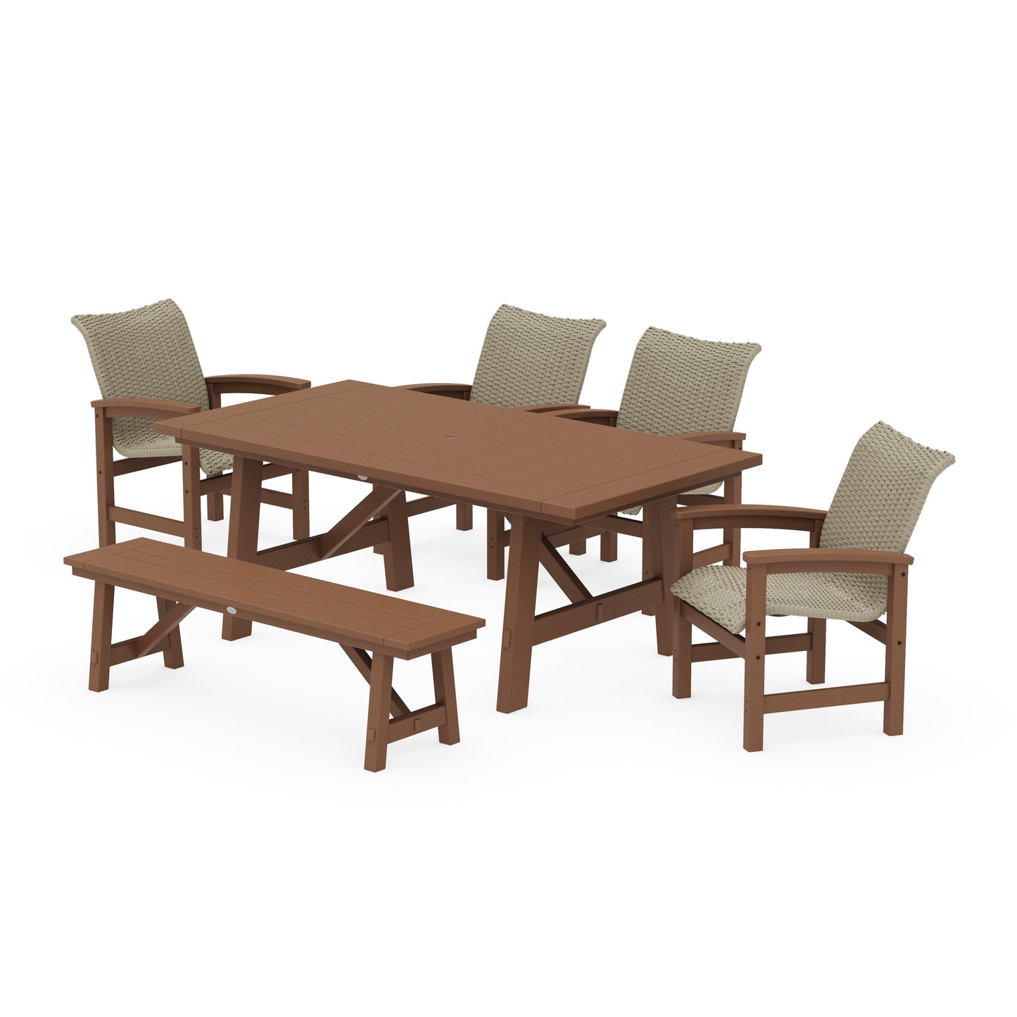 POLYWOOD Coastal Woven 6-Piece Rustic Farmhouse Dining Set with Bench — Teak / Dune Grass