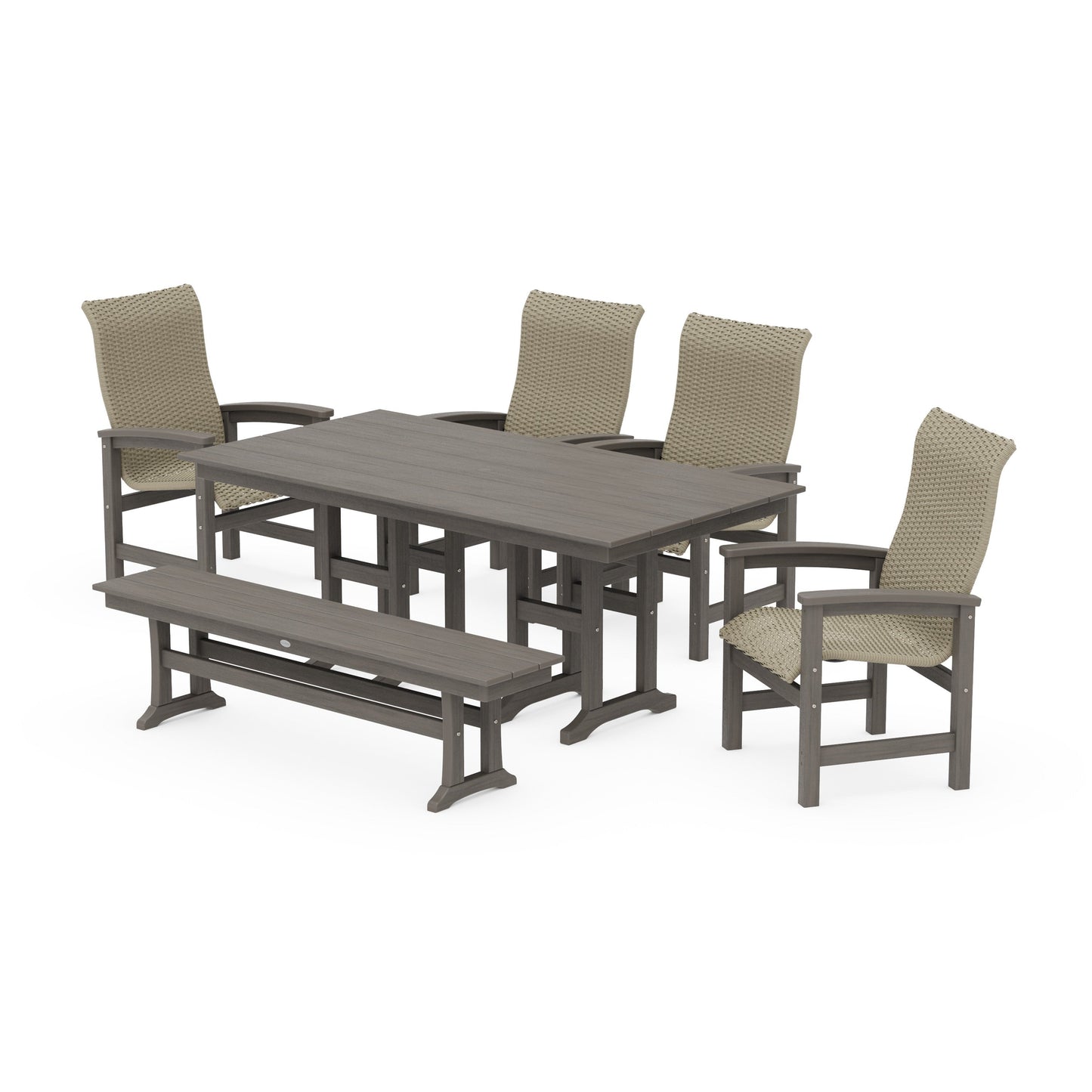 POLYWOOD Coastal Woven High-Back 6-Piece Farmhouse Dining Set with Bench — Driftwood / Dune Grass