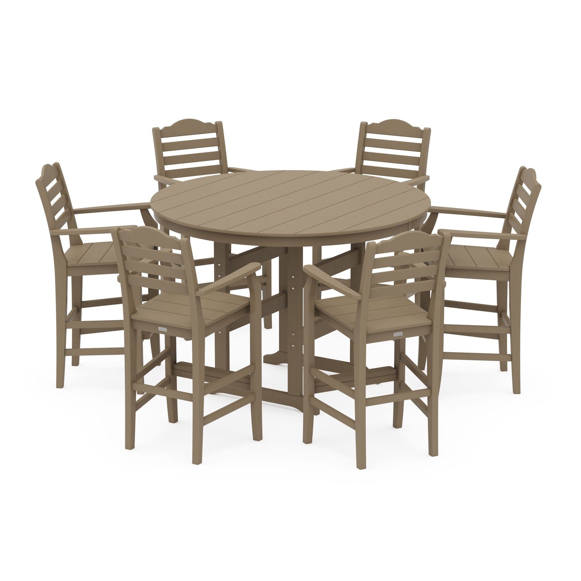 POLYWOOD Savannah 7-Piece Arm Chair Round Farmhouse Bar Set — Vintage Sahara