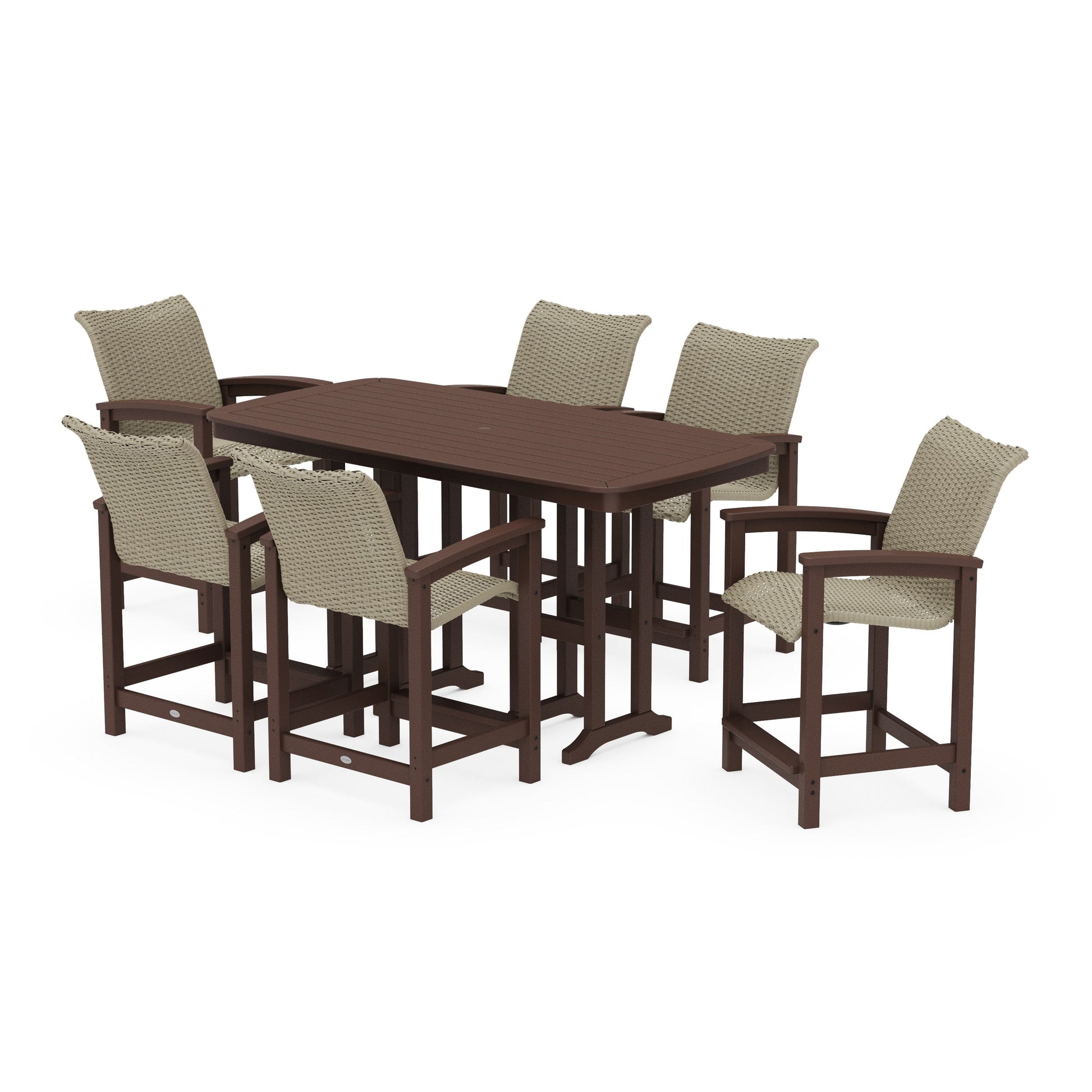 POLYWOOD Coastal Woven Arm Chair 7-Piece Counter Set — Mahogany / Dune Grass