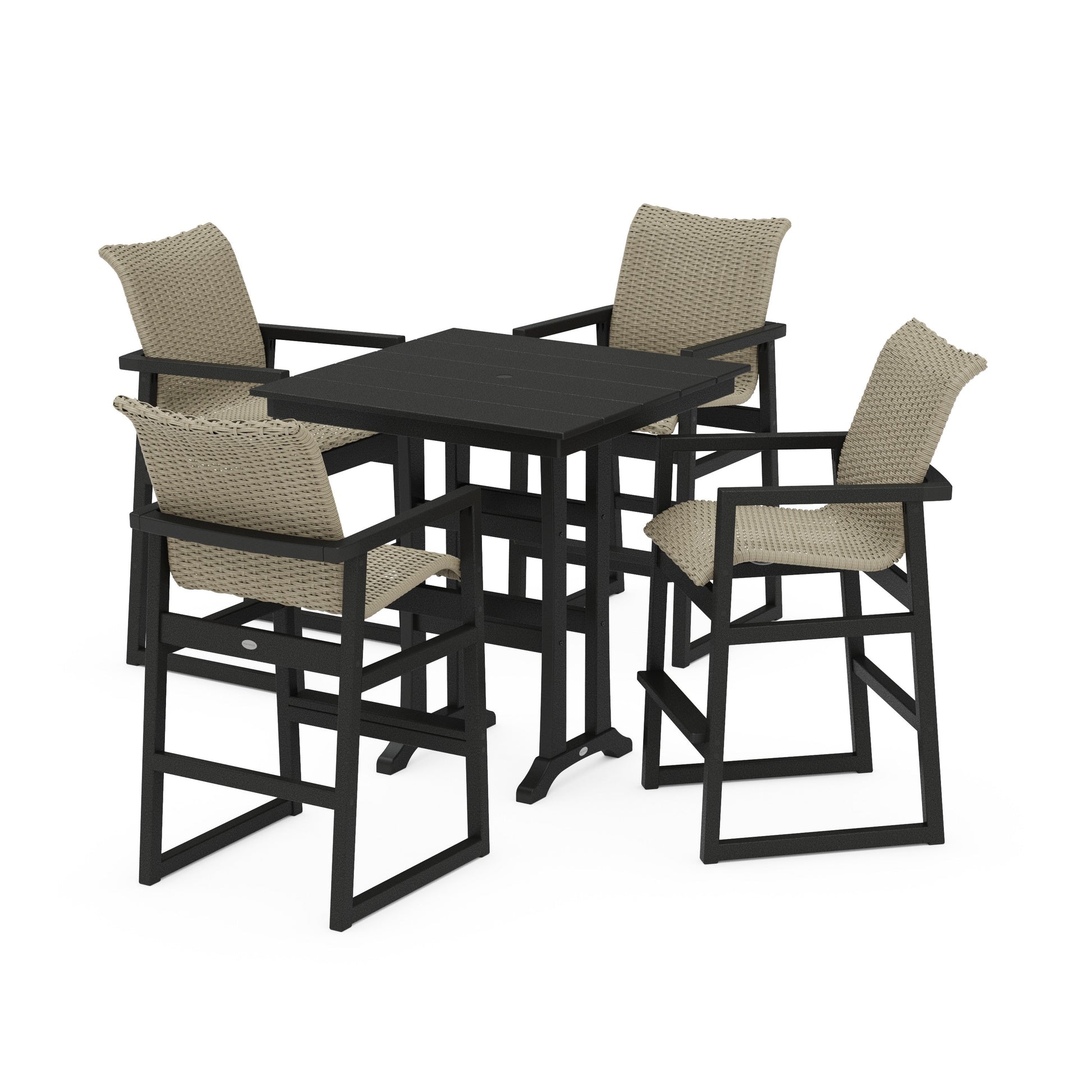 POLYWOOD EDGE Woven 5-Piece Farmhouse Bar Set with Trestle Legs — Black / Dune Grass