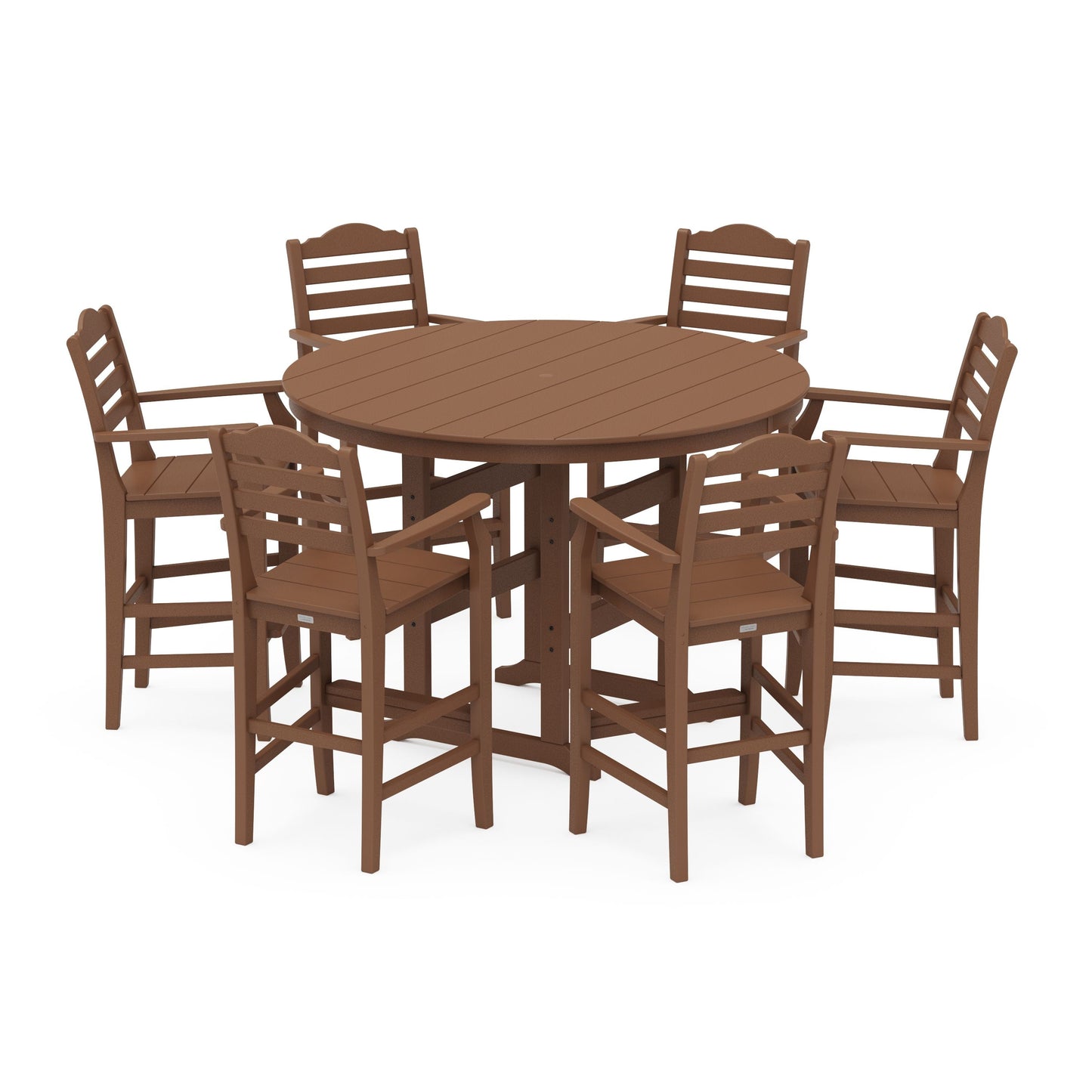 POLYWOOD Savannah 7-Piece Arm Chair Round Farmhouse Bar Set — Teak