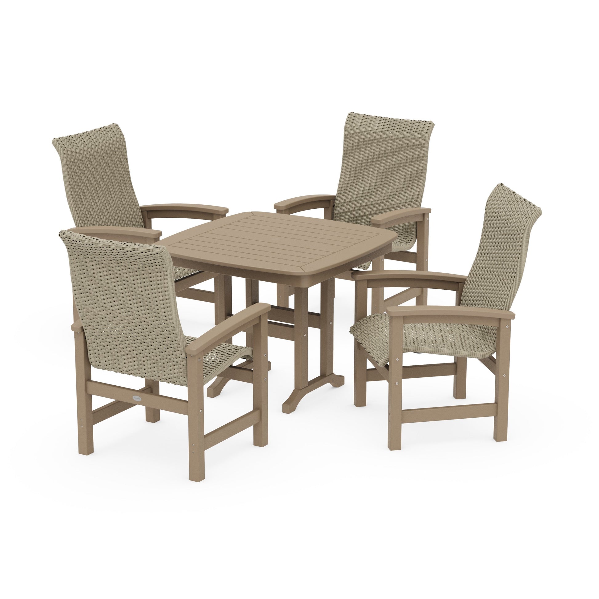 POLYWOOD Coastal Woven High-Back 5-Piece Dining Set — Vintage Sahara / Dune Grass