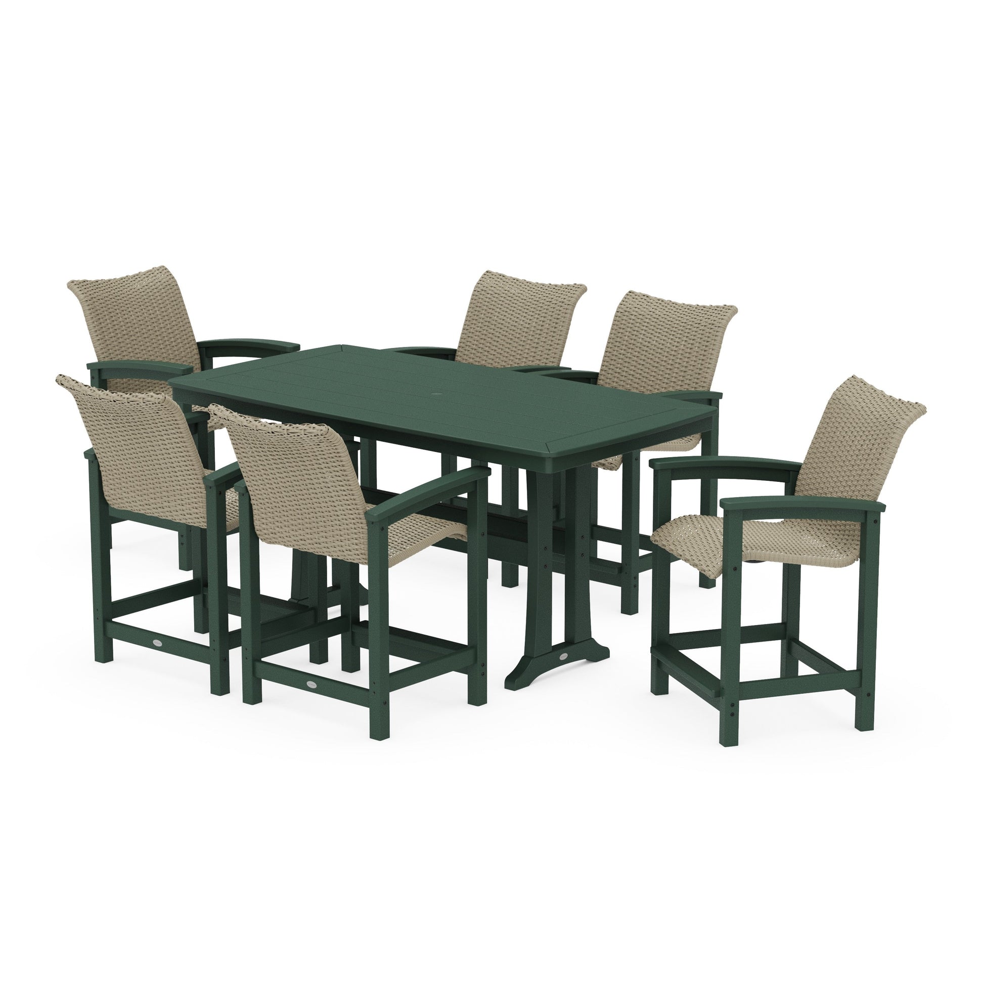 POLYWOOD Coastal Woven Arm Chair 7-Piece Counter Set with Trestle Legs — Green / Dune Grass