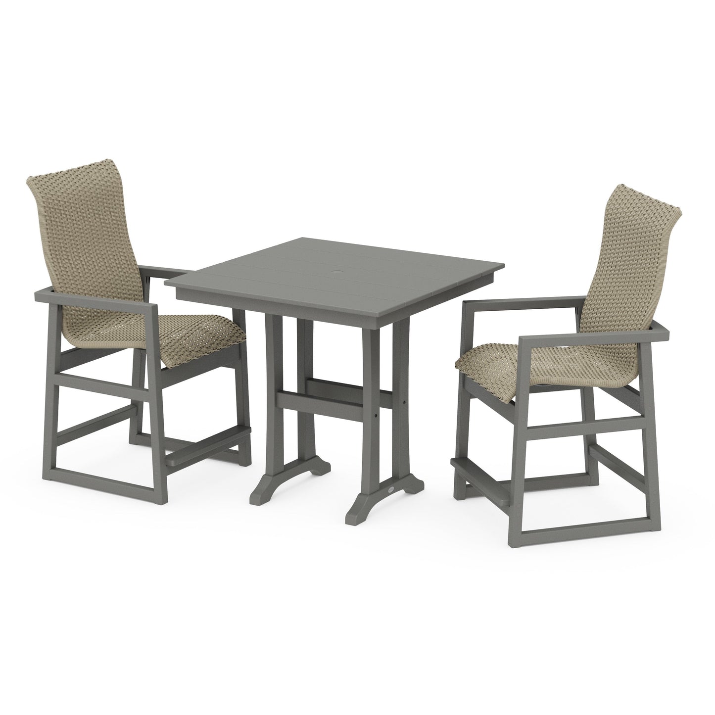 POLYWOOD EDGE Woven Highback 3-Piece Farmhouse Counter Set with Trestle Legs — Slate Grey / Dune Grass