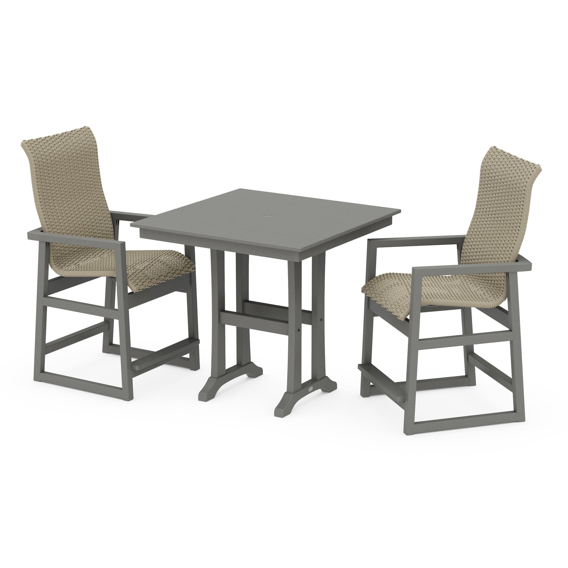 POLYWOOD EDGE Woven Highback 3-Piece Farmhouse Counter Set with Trestle Legs — Slate Grey / Dune Grass