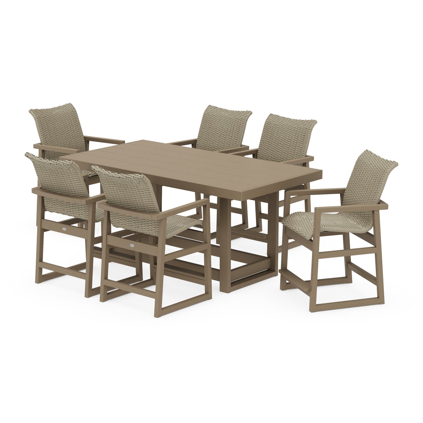 POLYWOOD EDGE Woven Arm Chair 7-Piece Counter Set — Vintage Sahara / Dune Grass