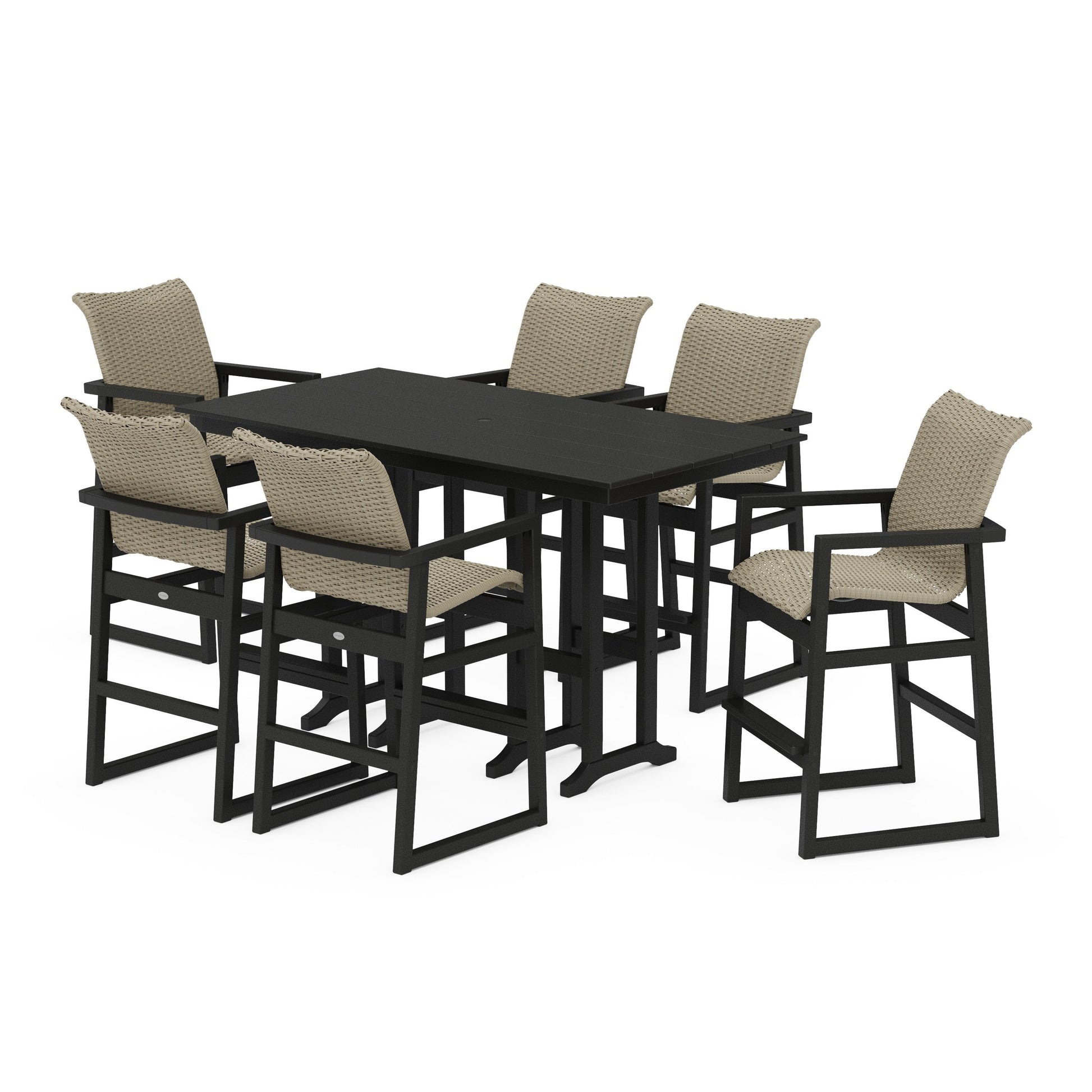 POLYWOOD EDGE Woven Arm Chair 7-Piece Farmhouse Bar Set — Black / Dune Grass
