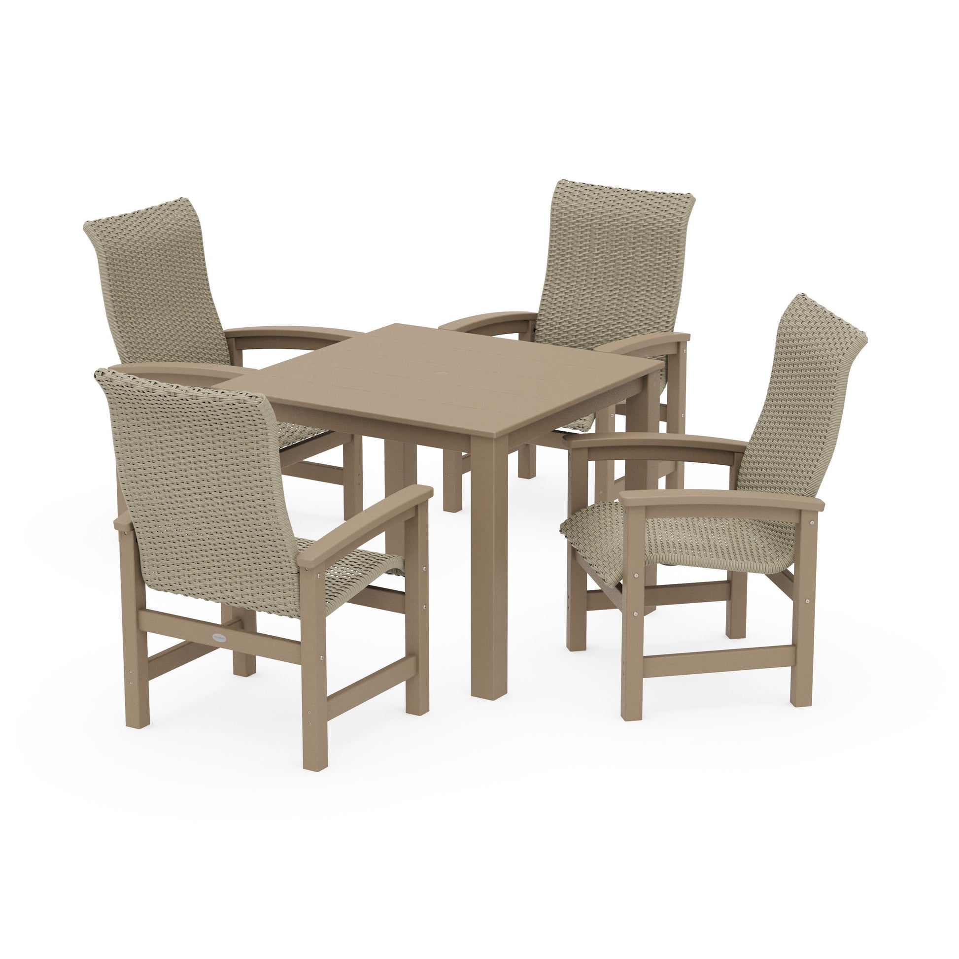 POLYWOOD Coastal Woven High-Back 5-Piece Parsons Dining Set — Vintage Sahara / Dune Grass