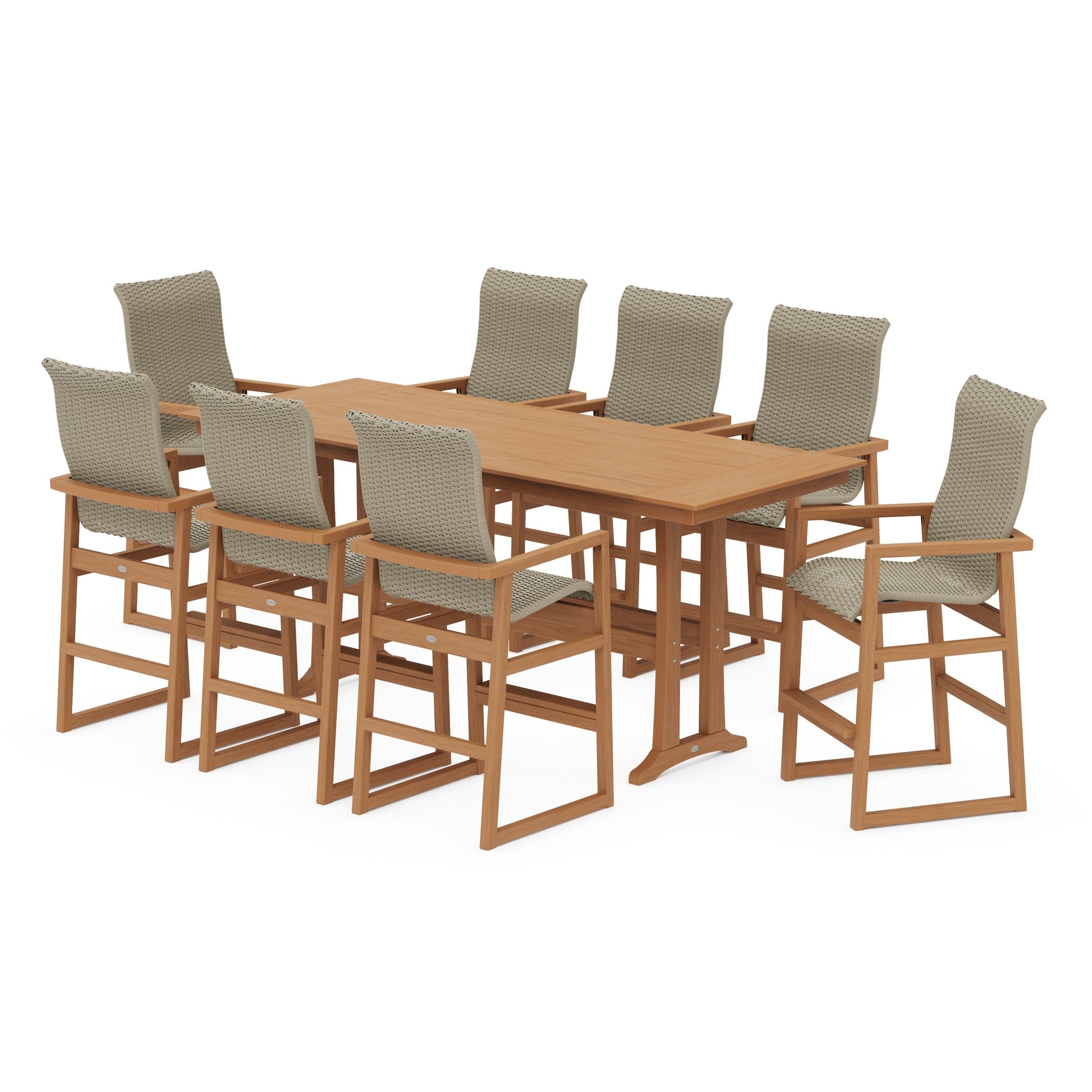 POLYWOOD EDGE Woven Highback 9-Piece Farmhouse Bar Set with Trestle Legs — Natural / Dune Grass