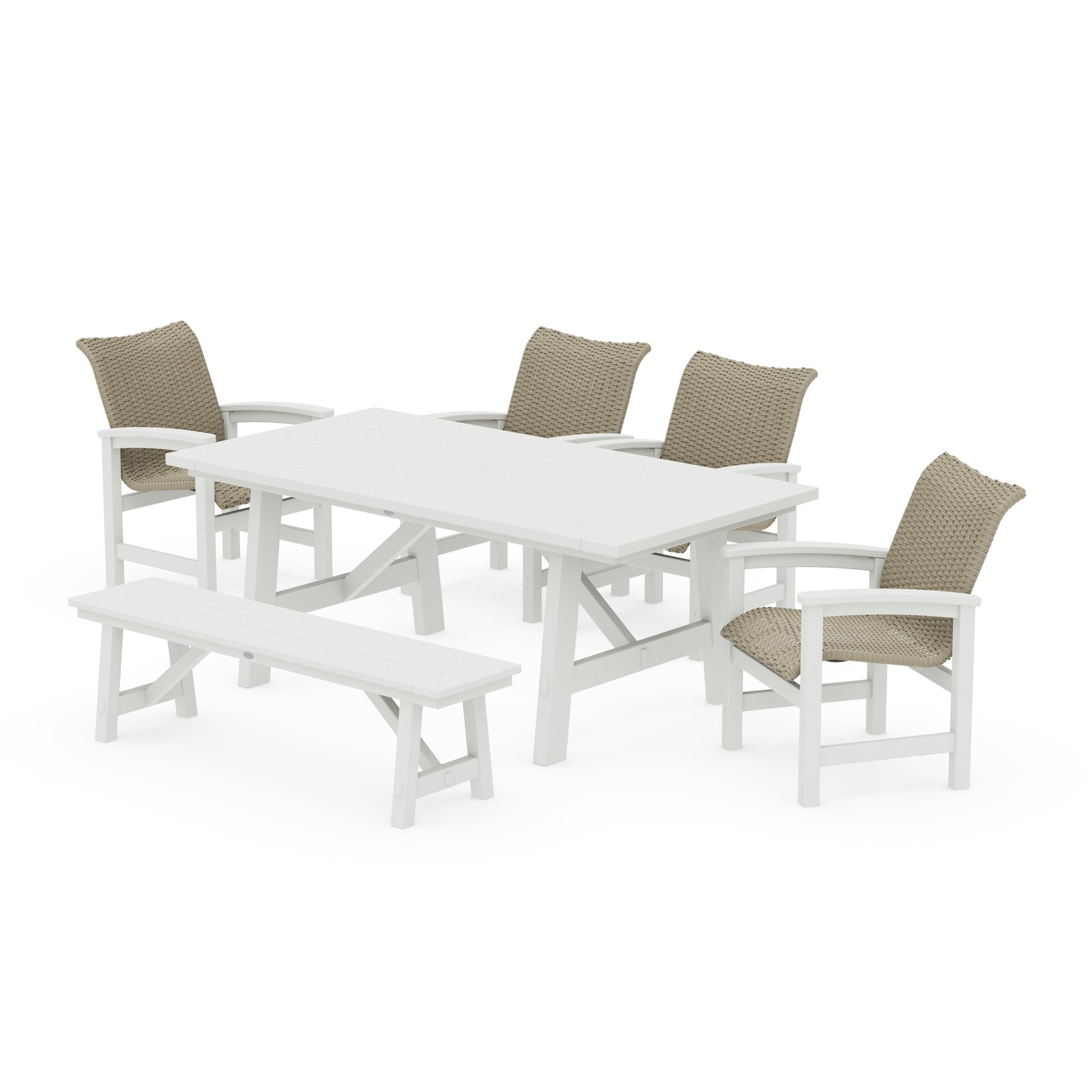 POLYWOOD Coastal Woven 6-Piece Rustic Farmhouse Dining Set with Bench — White / Dune Grass