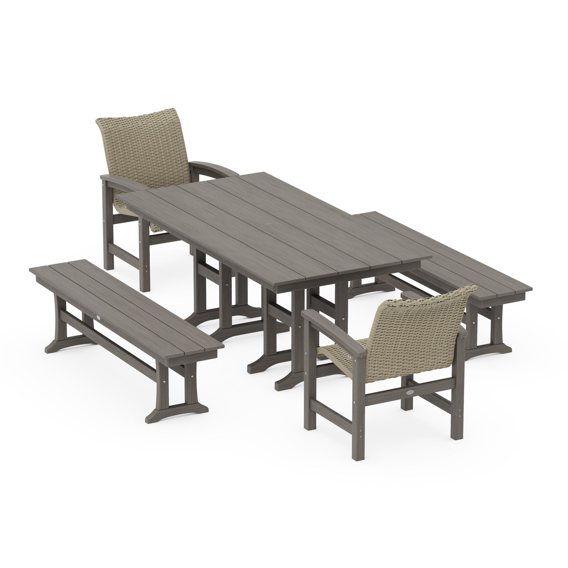 POLYWOOD Coastal Woven 5-Piece Farmhouse Dining Set with Benches — Driftwood / Dune Grass