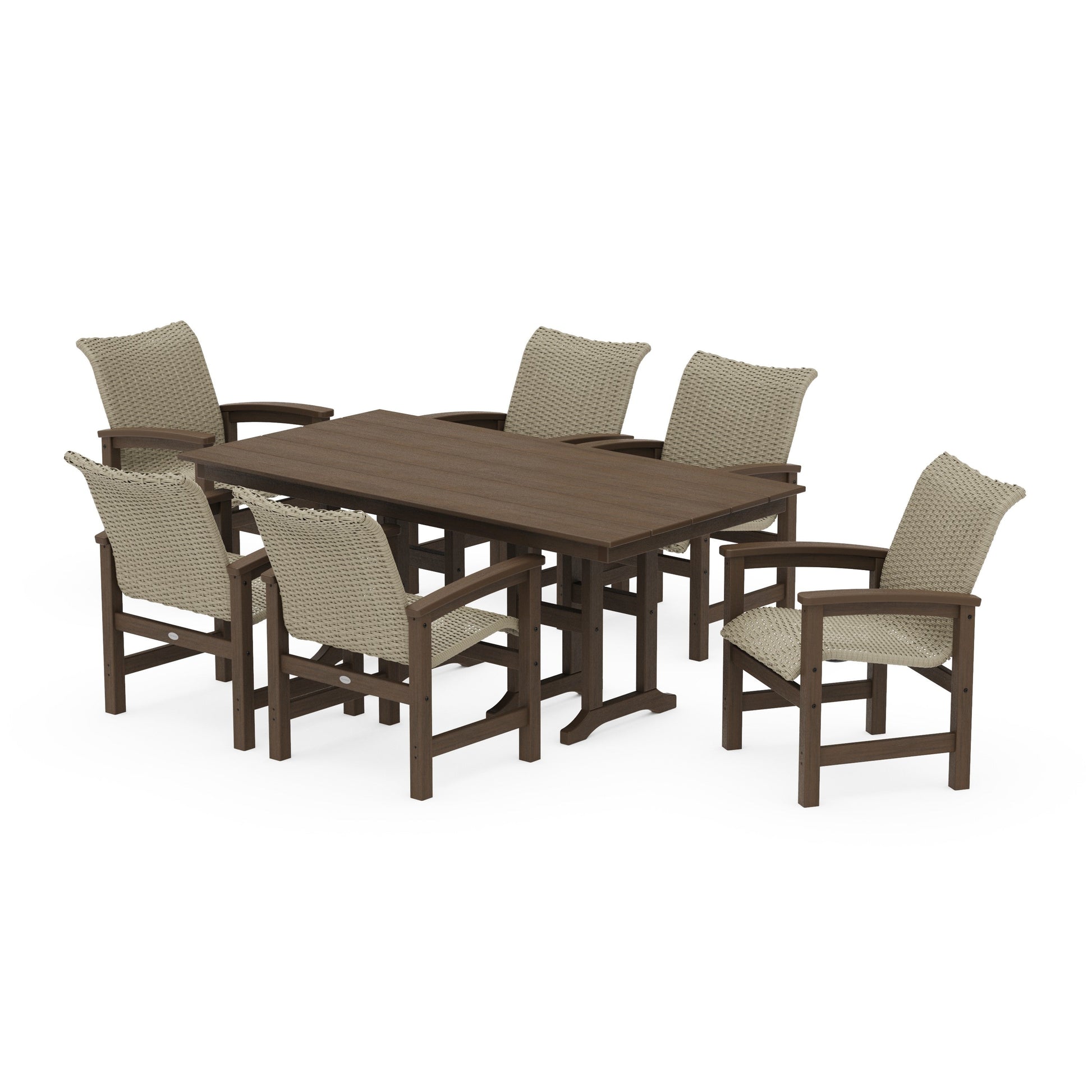 POLYWOOD Coastal Woven Arm Chair 7-Piece Farmhouse Dining Set — Kona / Dune Grass