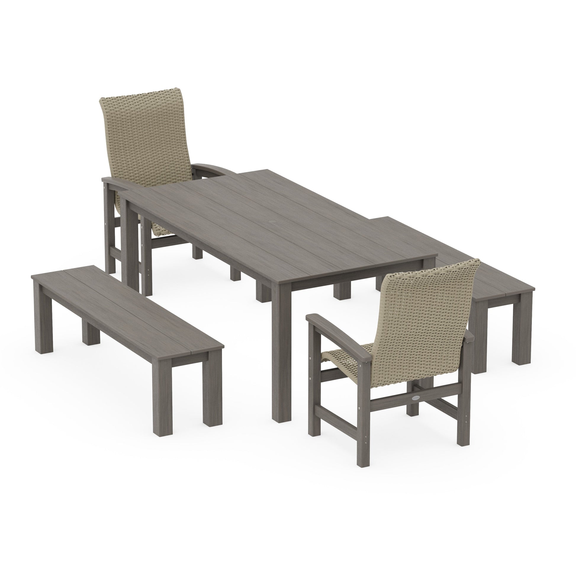 POLYWOOD Coastal Woven High-Back 5-Piece Parsons Dining Set with Benches — Driftwood / Dune Grass