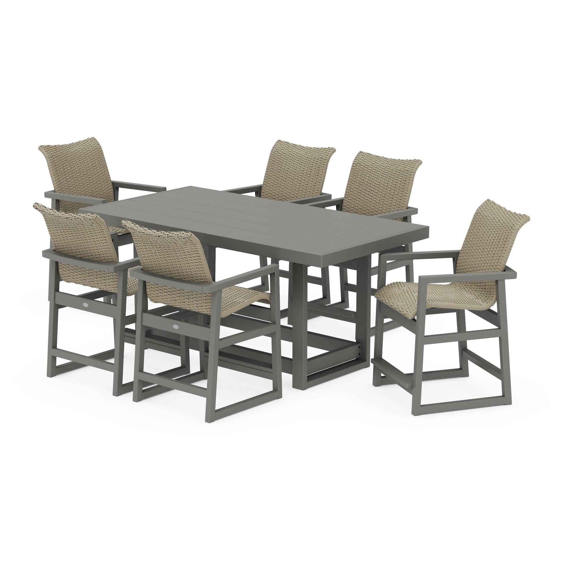 POLYWOOD EDGE Woven Arm Chair 7-Piece Counter Set — Slate Grey / Dune Grass