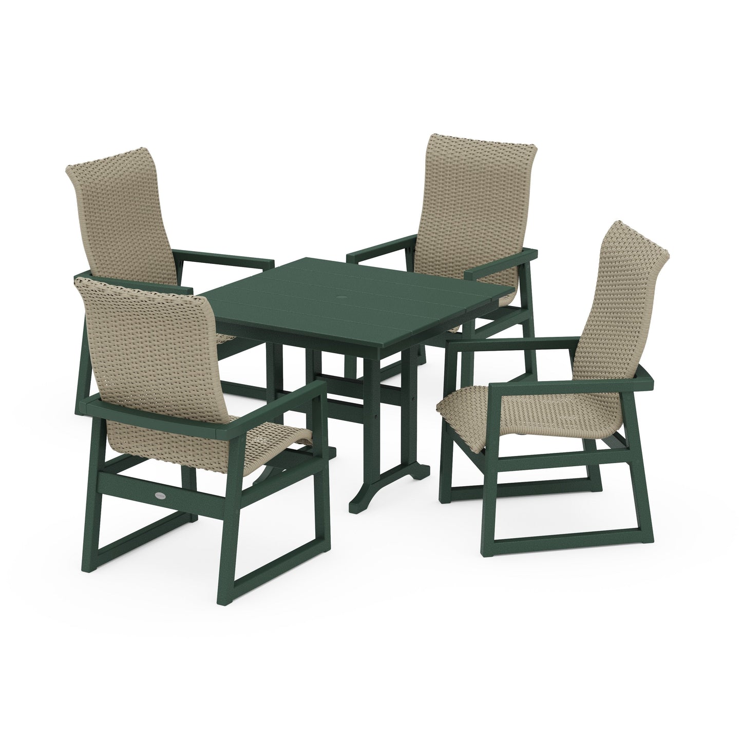 POLYWOOD EDGE Woven Highback 5-Piece Farmhouse Dining Set — Green / Dune Grass